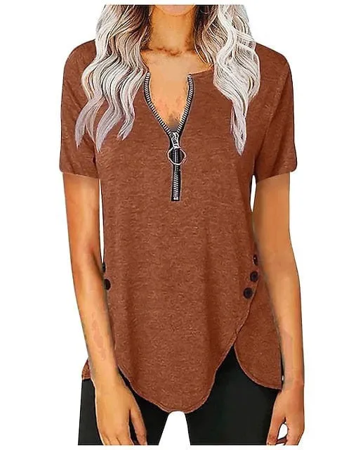 Elegant V-Neck Zippered Short-Sleeve Tunic Blouse