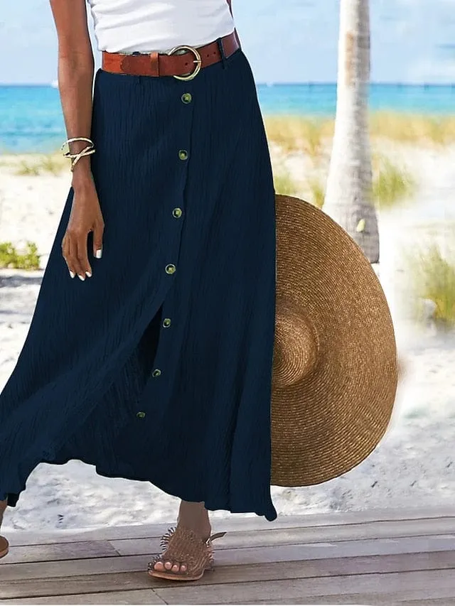 Elegant Women's Linen Maxi Button-Up Skirt - Black, White, Navy Blue, and Orange - S to 5XL