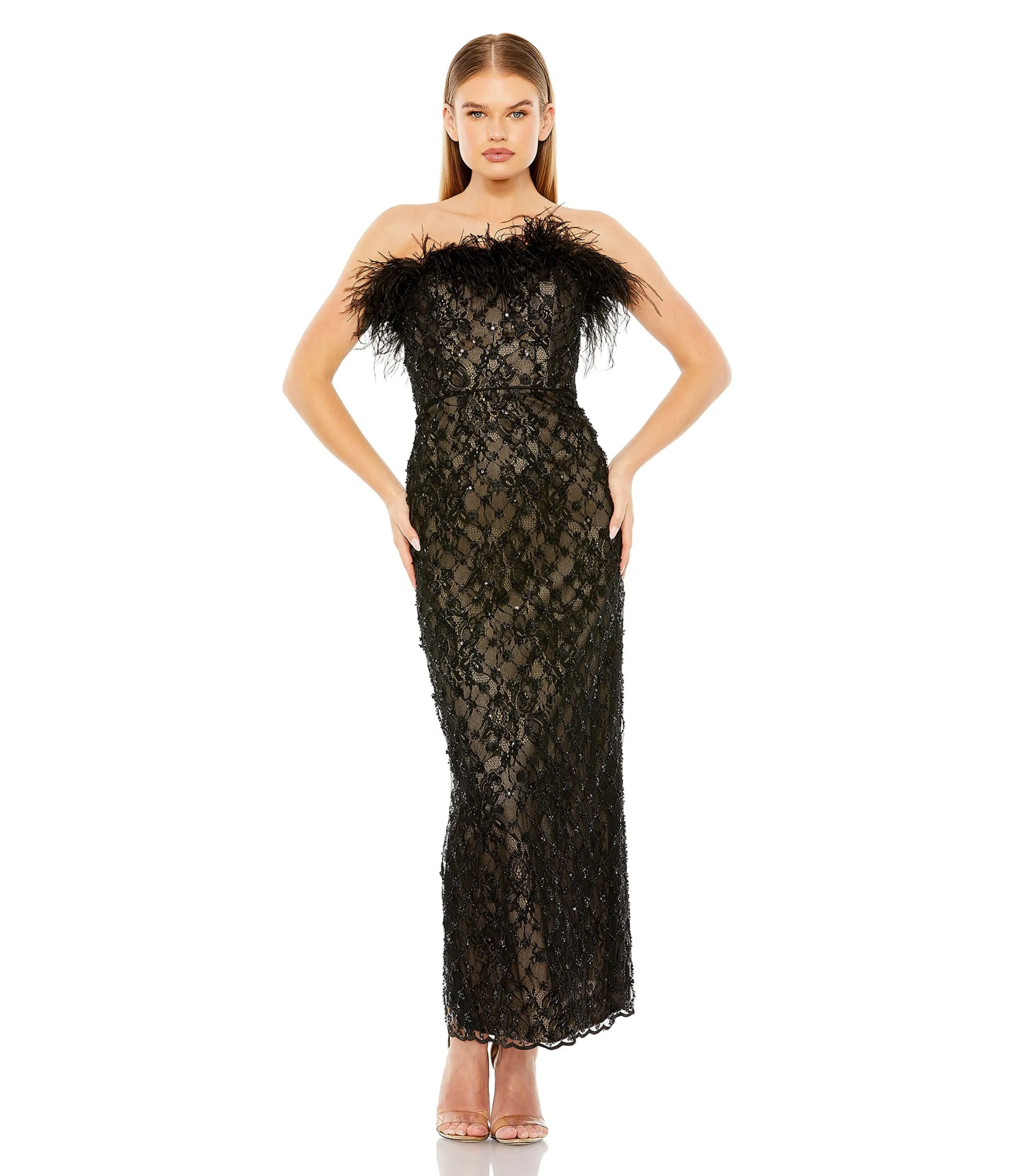 Embellished Feather Strapless Column Dress