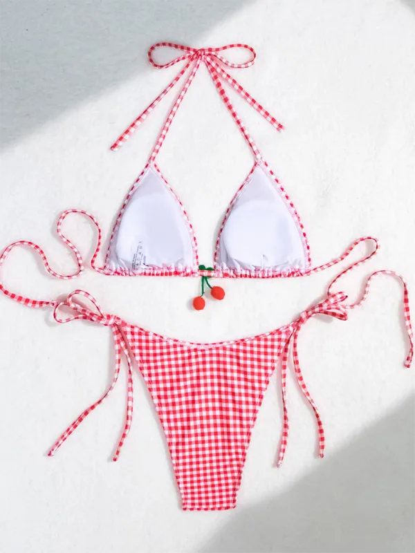 Fashionable sweet style backless striped bikini two-piece swimsuit