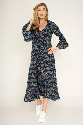 Felicity Midi Dress in Navy Paisley