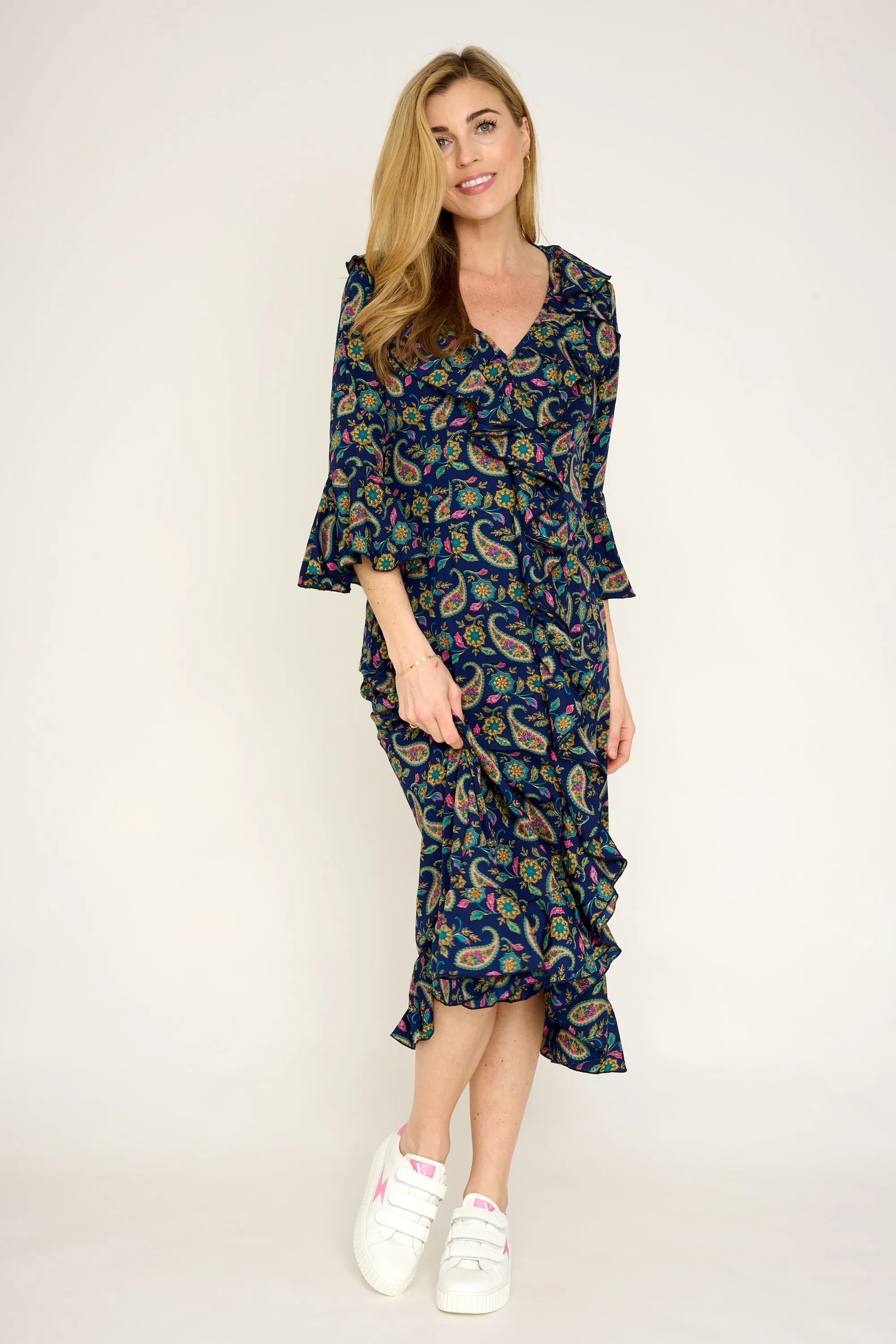 Felicity Midi Dress in Navy Paisley