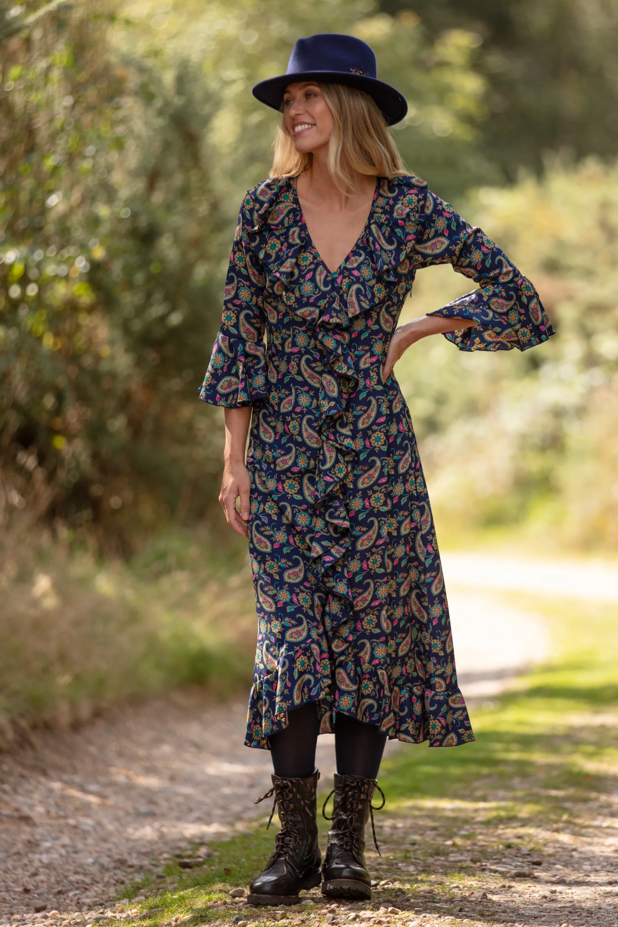 Felicity Midi Dress in Navy Paisley