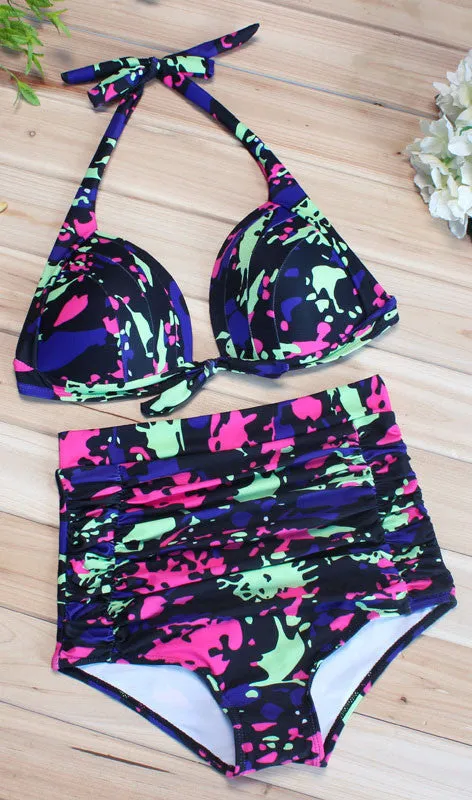 Floral High Wasit Halter Bikini Set