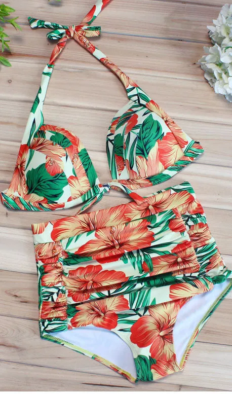 Floral High Wasit Halter Bikini Set