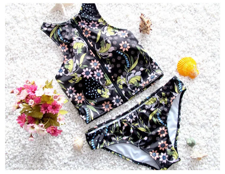 Floral Zipper Bikini Set