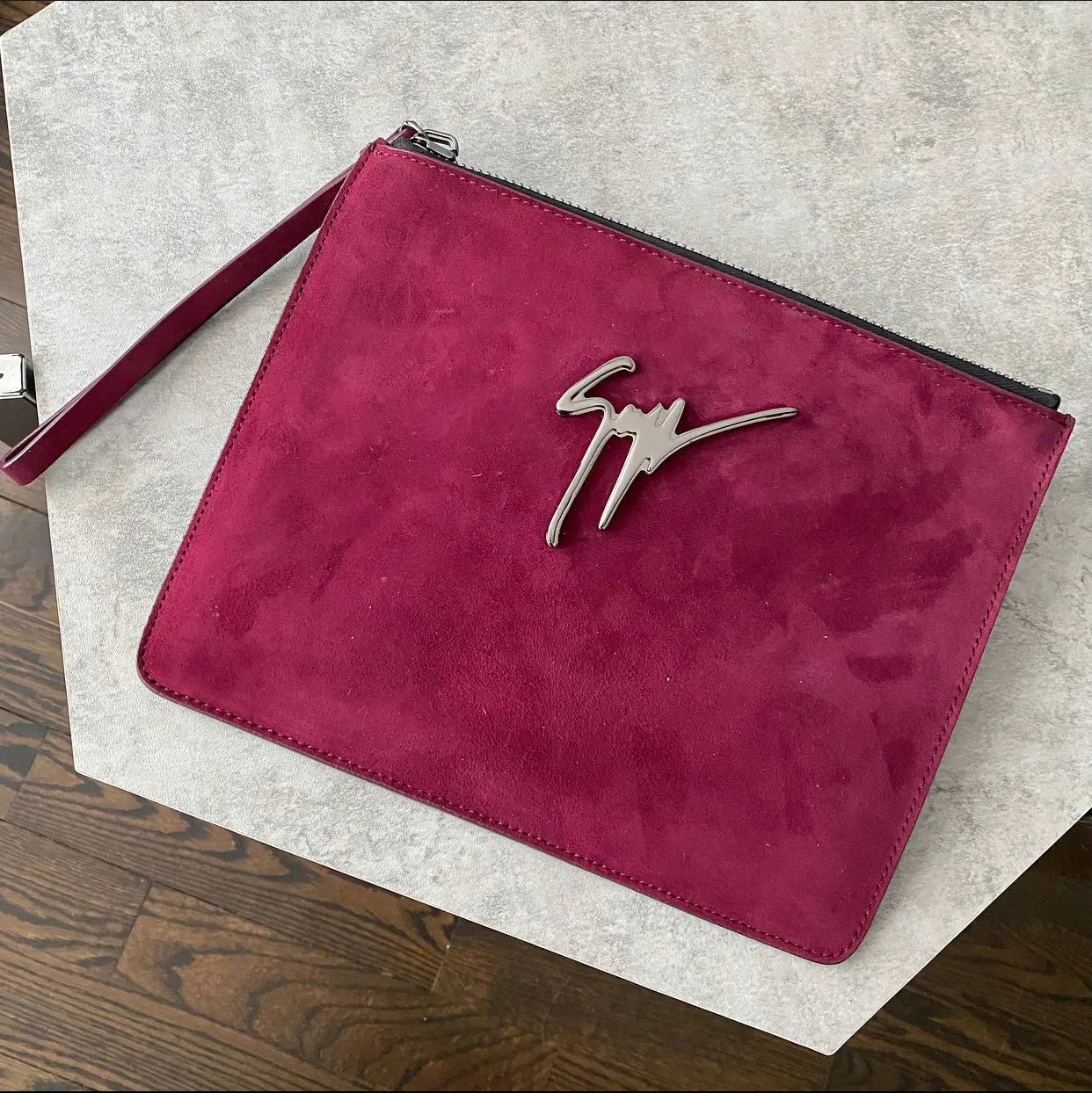 Giuseppe Zanotti Plum Purple Suede Zippered Wristlet Pouch