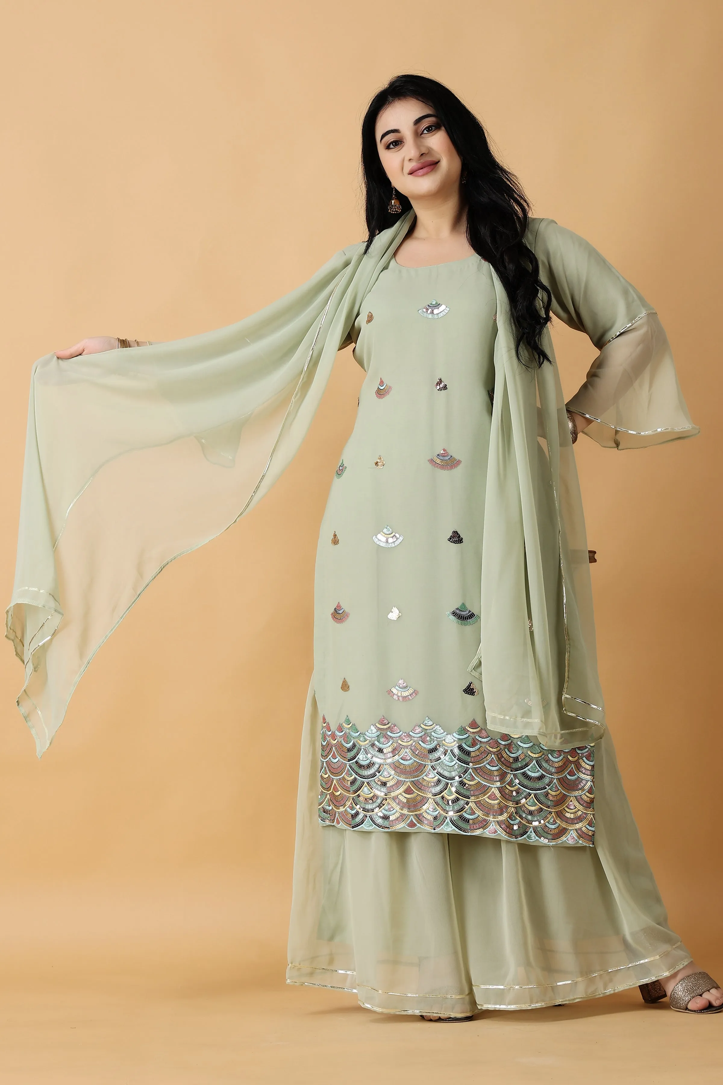 Glacial Green Sharara Suit Sequin Work