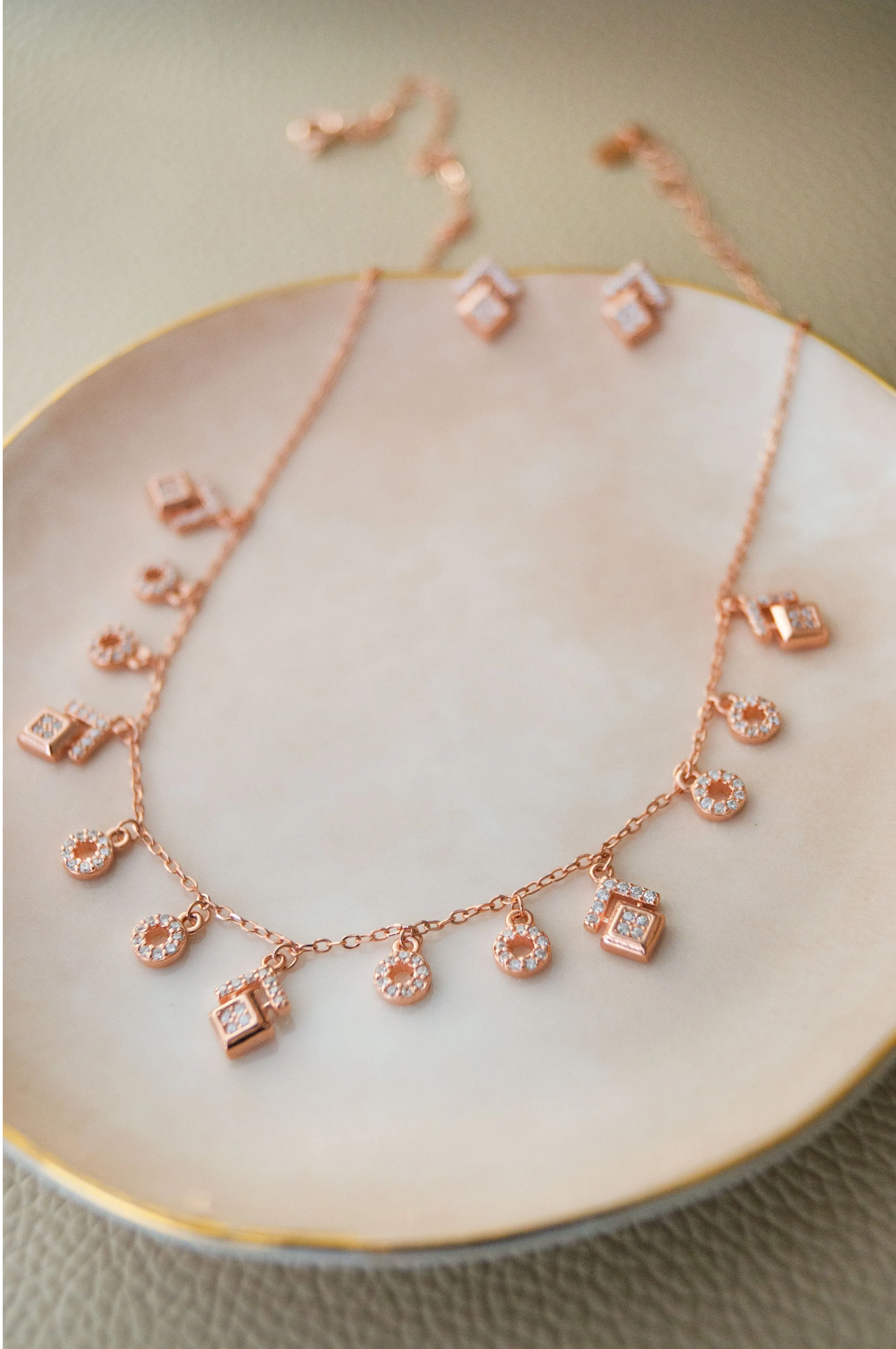 Grandeur Geometric Rose Gold Plated Sterling Silver Chain Necklace Set