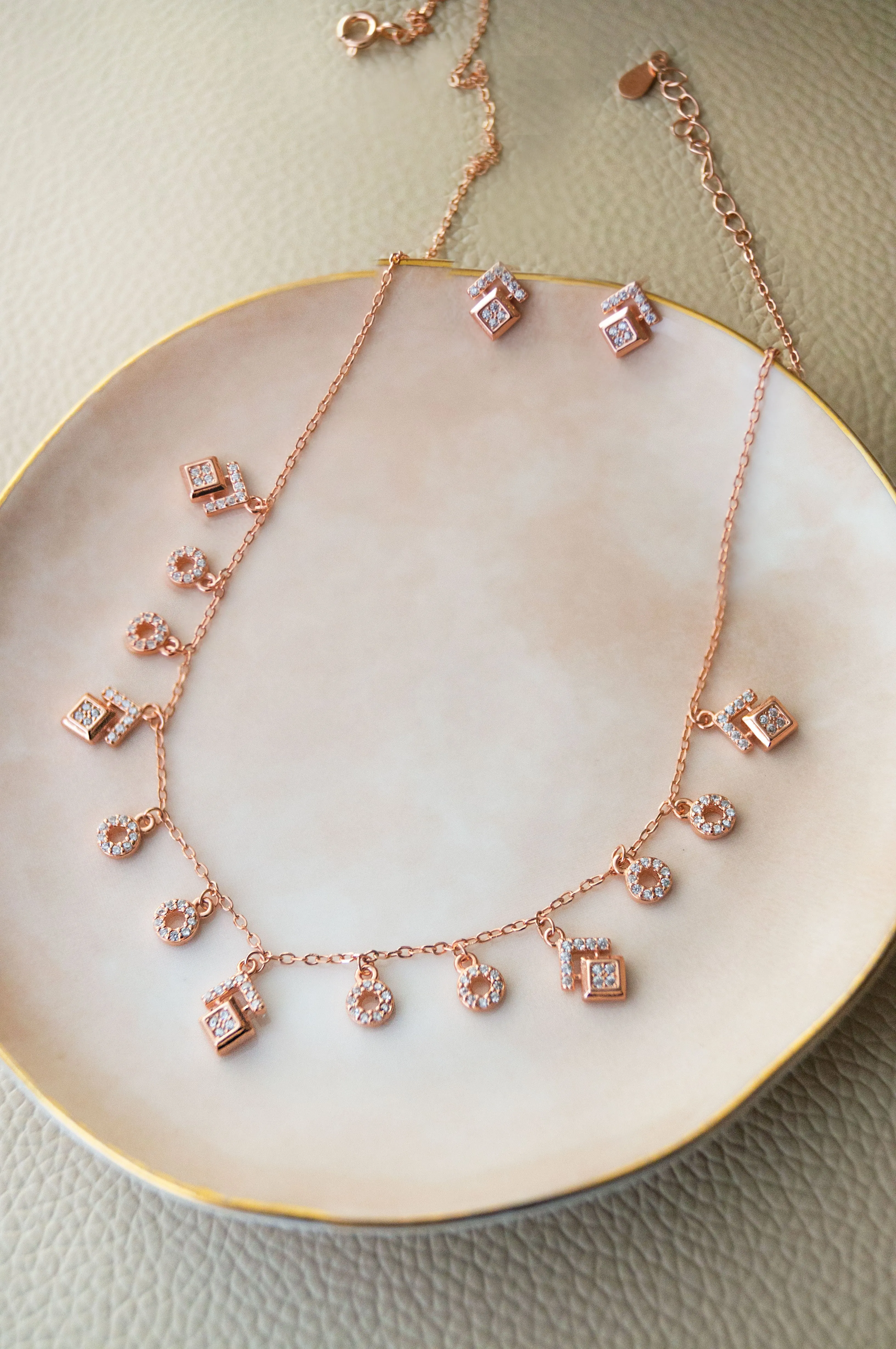 Grandeur Geometric Rose Gold Plated Sterling Silver Chain Necklace Set