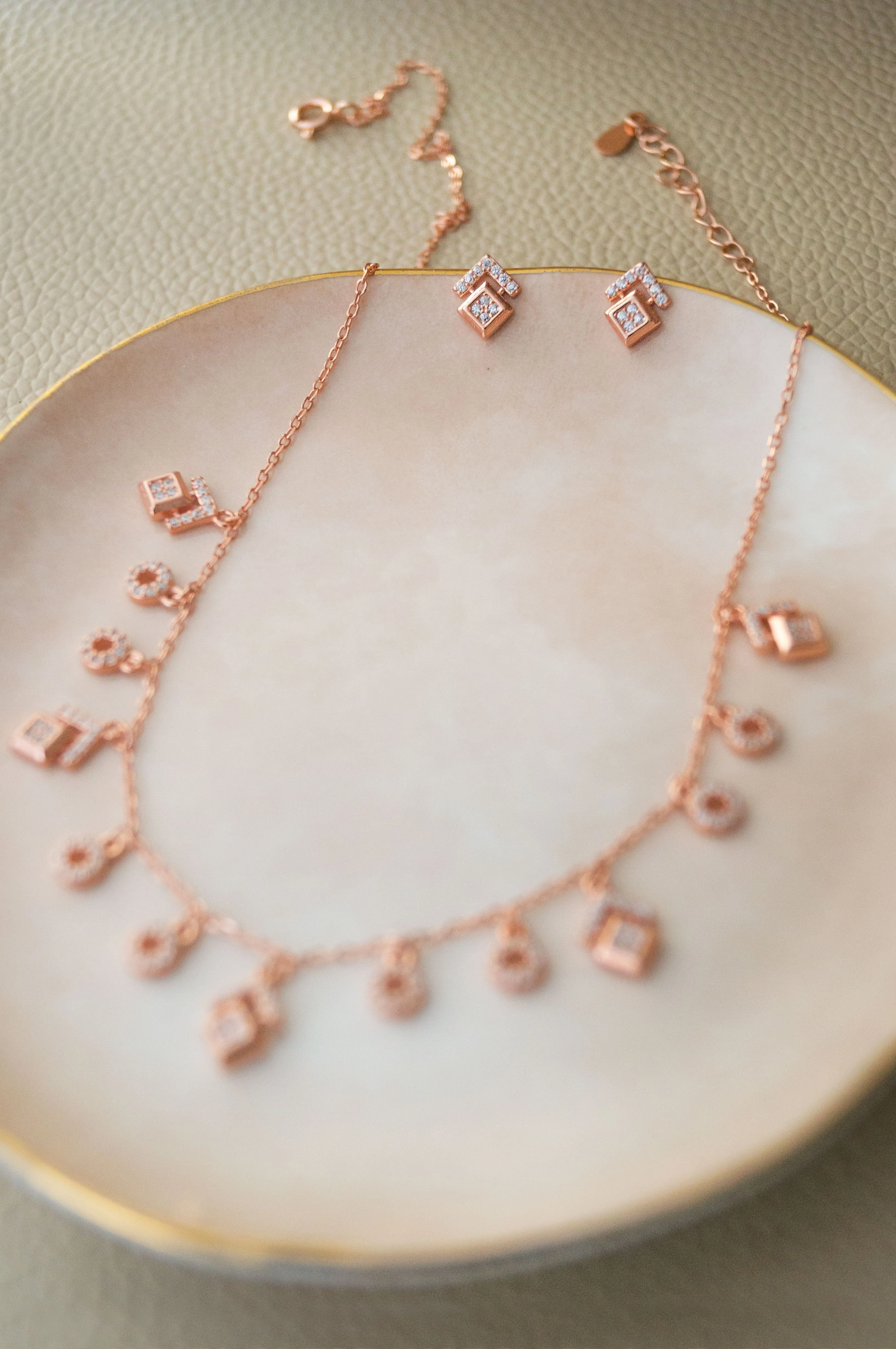 Grandeur Geometric Rose Gold Plated Sterling Silver Chain Necklace Set