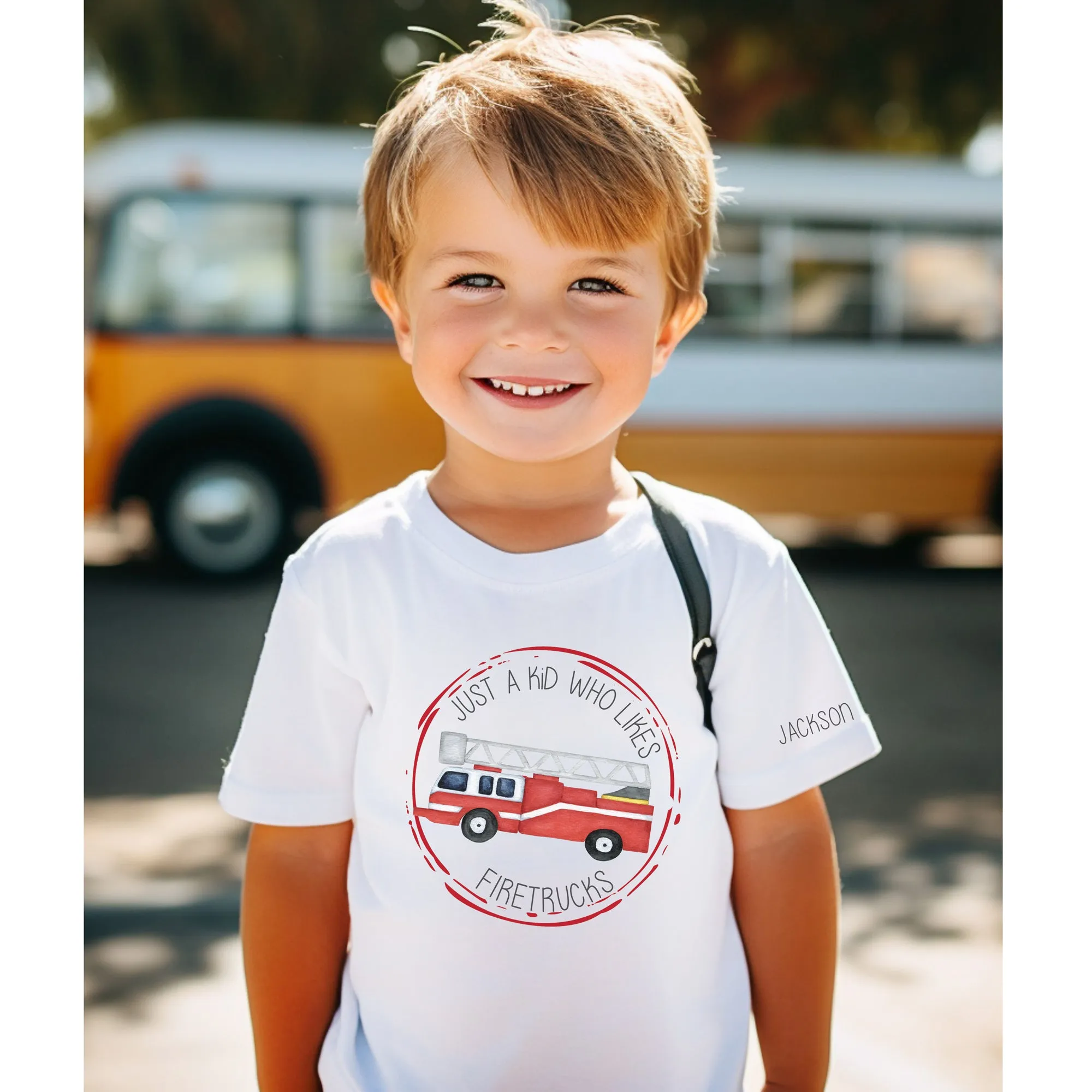 Just a Kid who likes FIRETRUCKS - Personalized Apparel