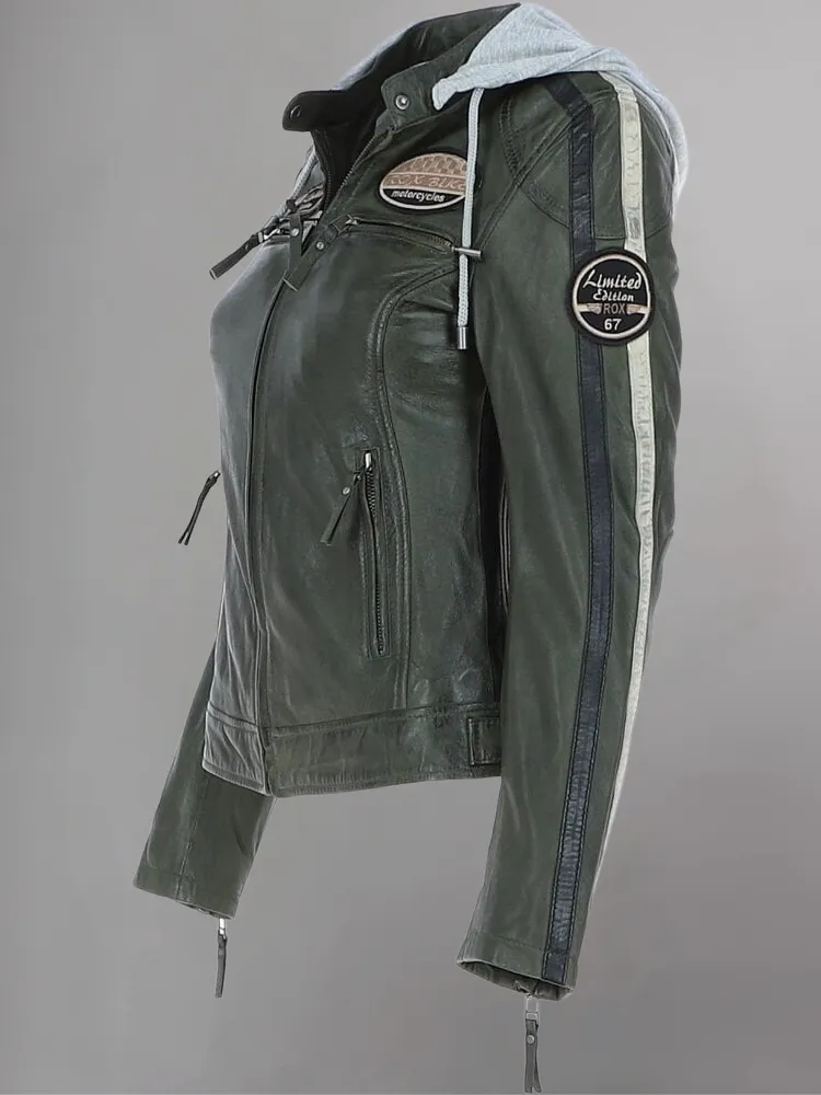 Ladies Casual Pure Dark Green Elegant Leather Jacket