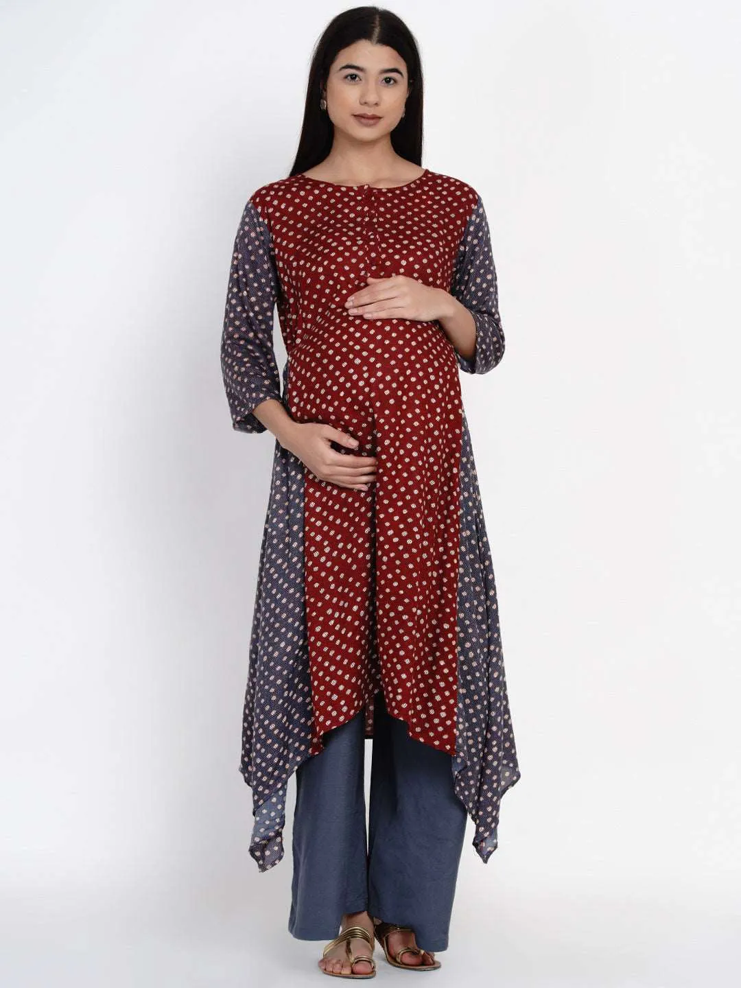 Maroon Maternity Geometric Print Kurta