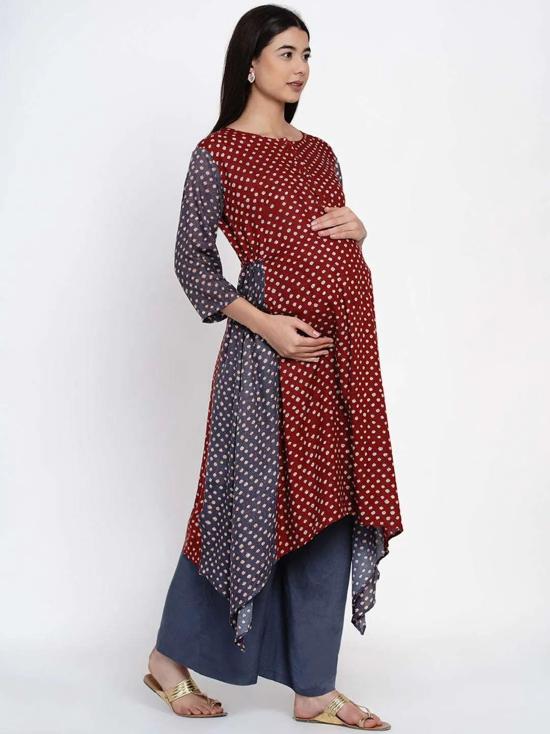 Maroon Maternity Geometric Print Kurta