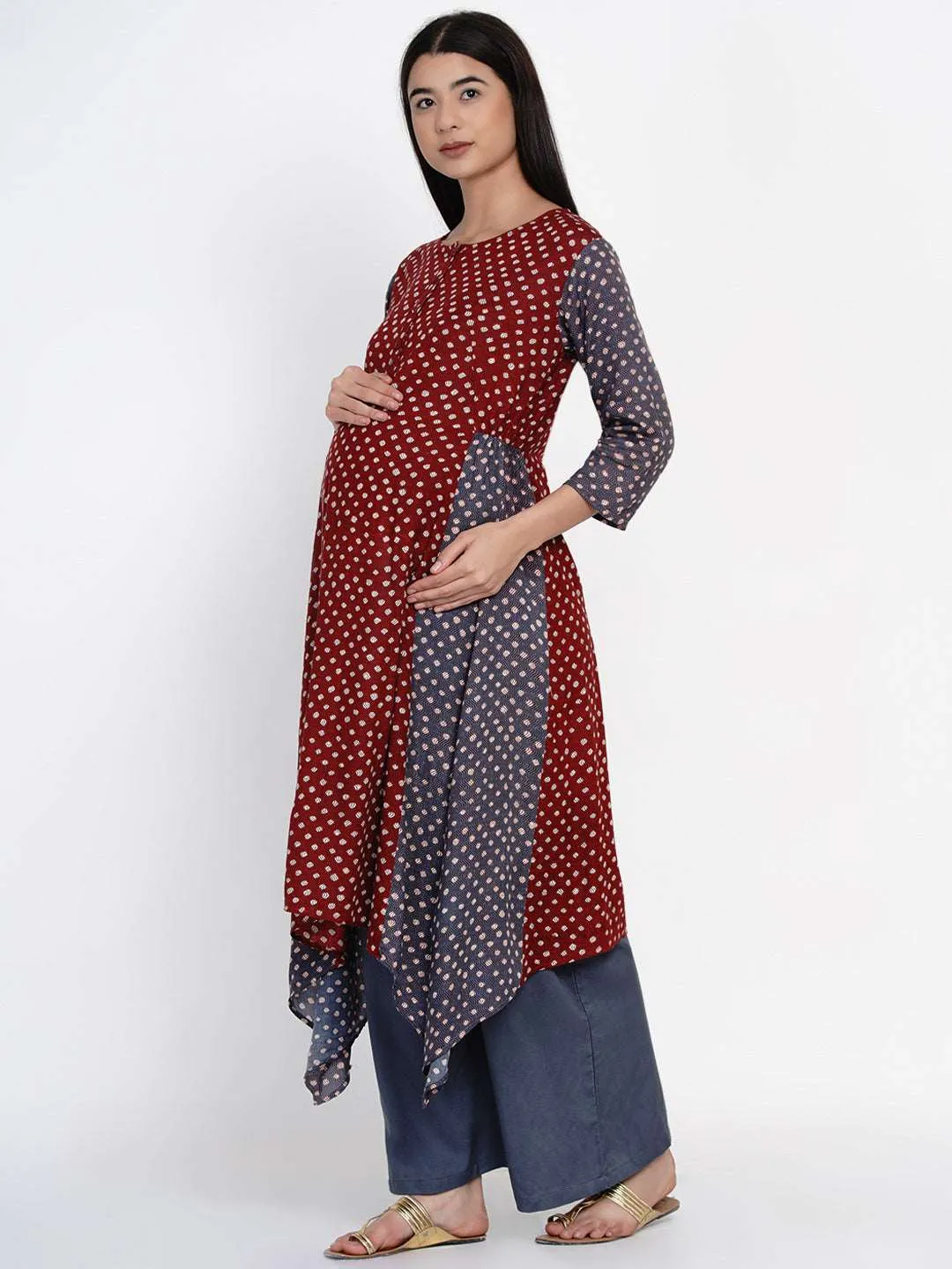 Maroon Maternity Geometric Print Kurta