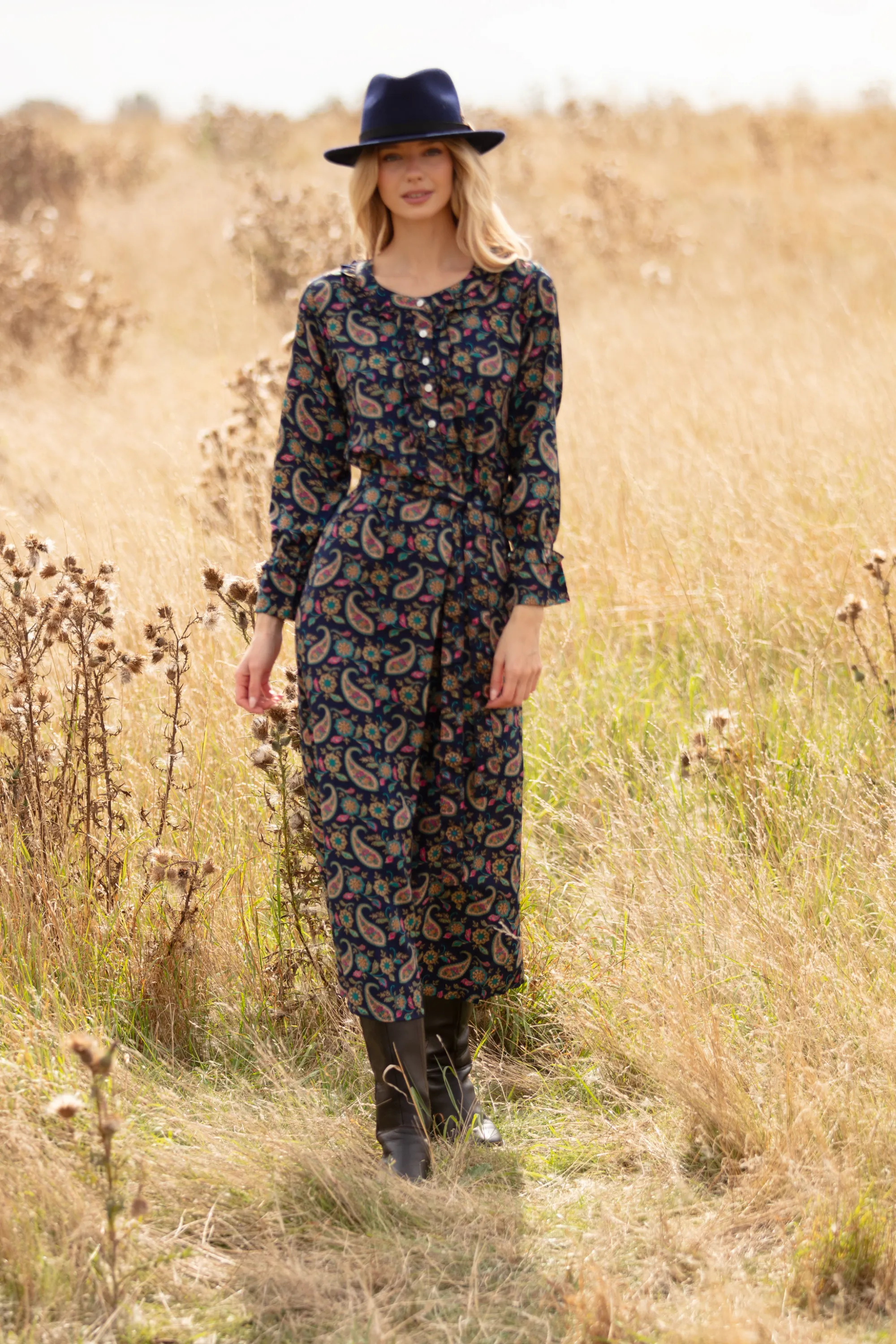 Meg Midi Dress in Navy Paisley