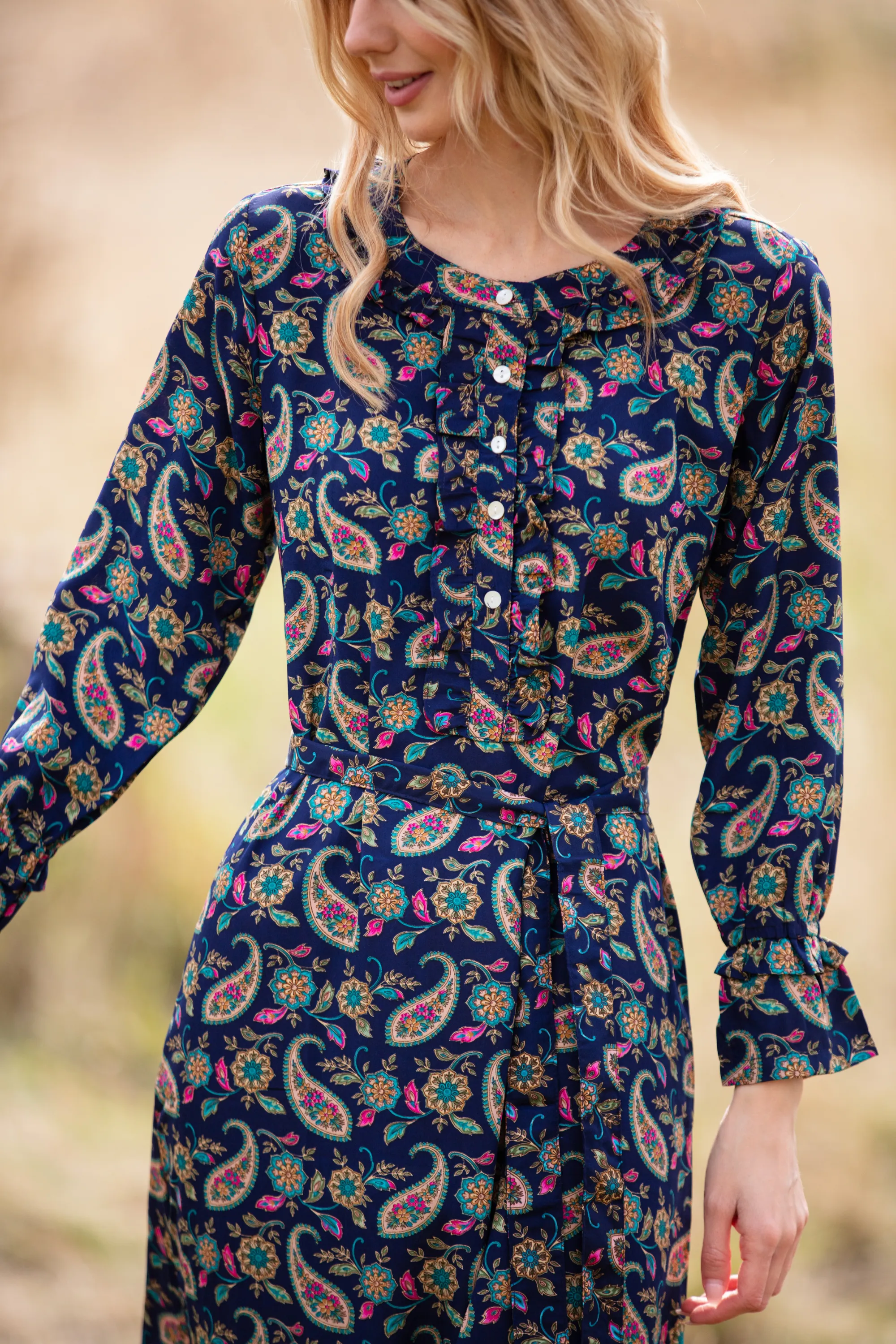 Meg Midi Dress in Navy Paisley