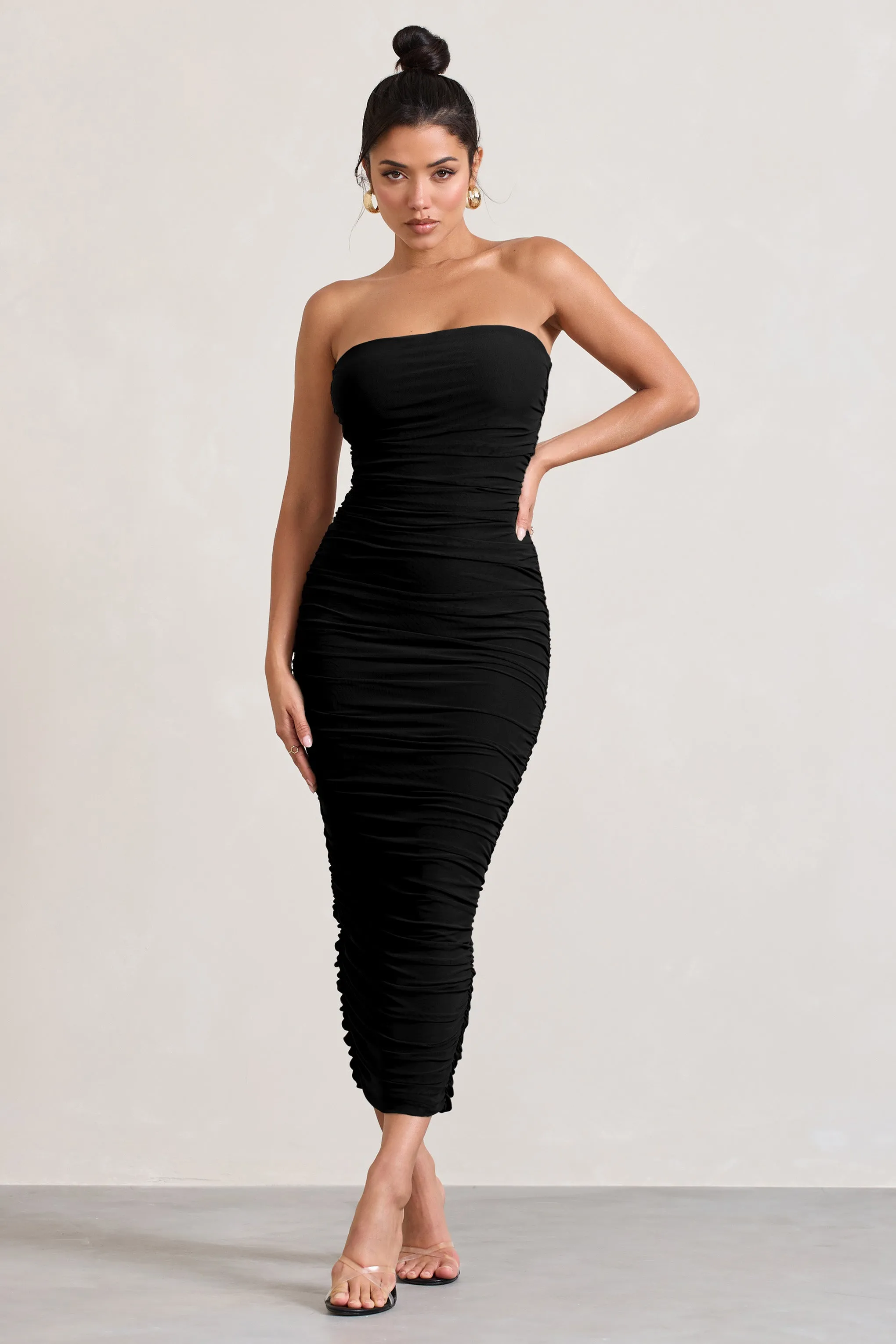 My Lady | Black Strapless Bodycon Ruched Mesh Maxi Dress