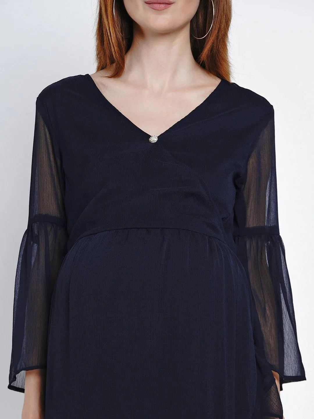 Navy Blue Wrap Chiffon Maternity Dress