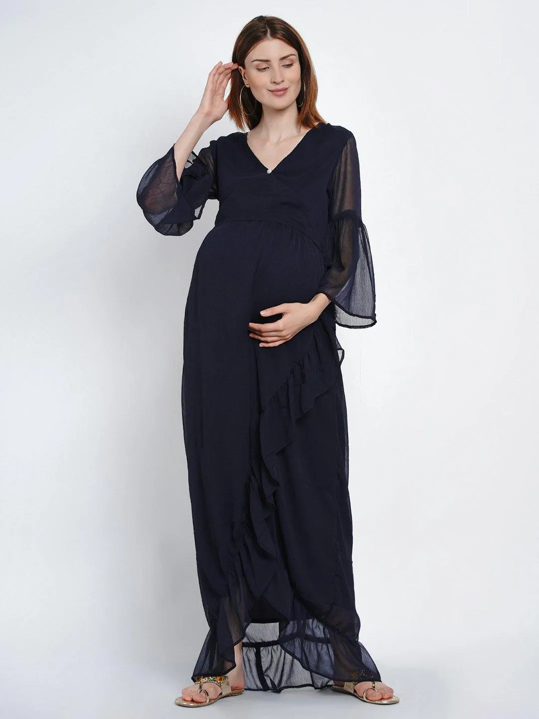 Navy Blue Wrap Chiffon Maternity Dress