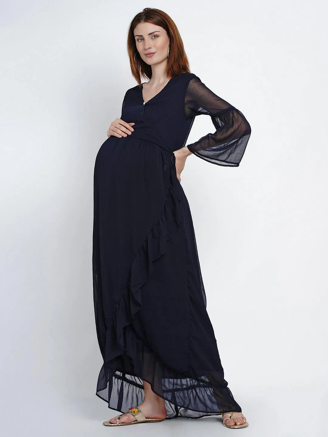 Navy Blue Wrap Chiffon Maternity Dress