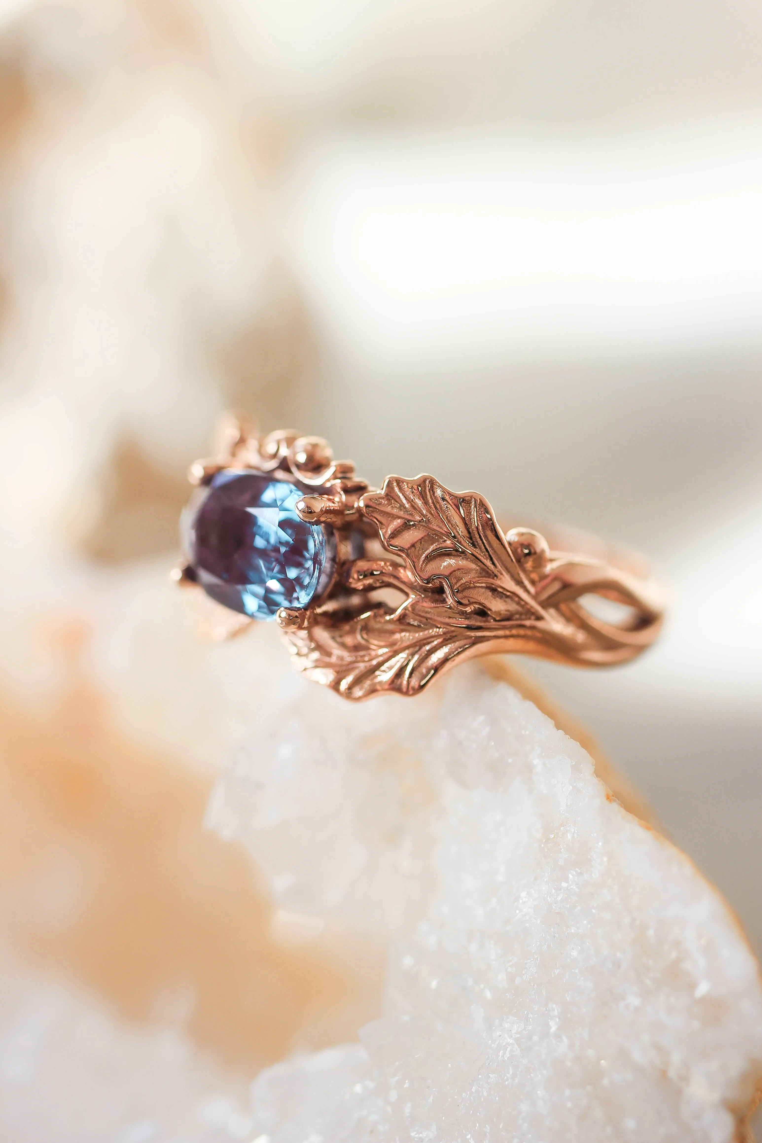 Oak leaves ring with oval alexandrite