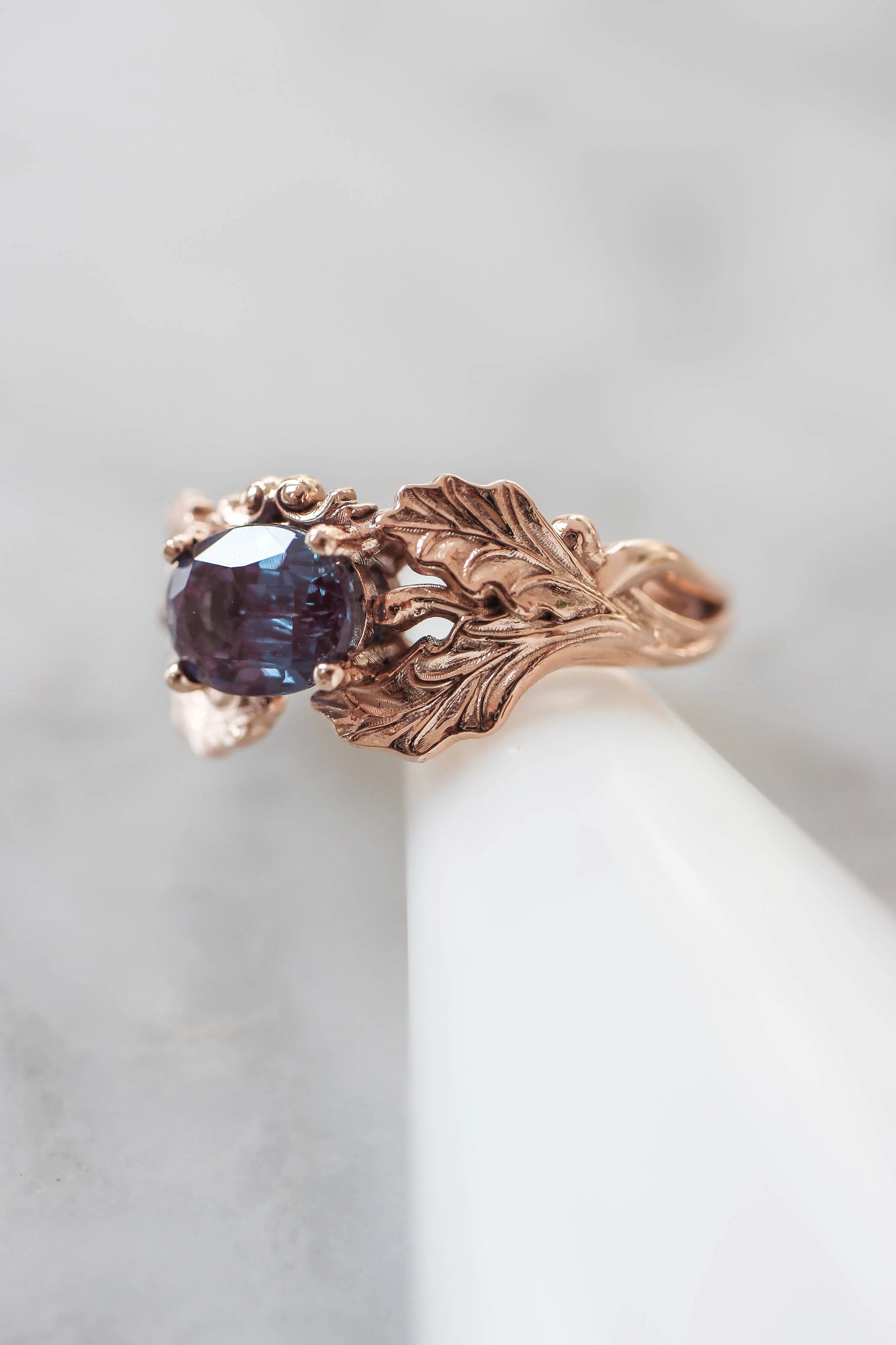 Oak leaves ring with oval alexandrite