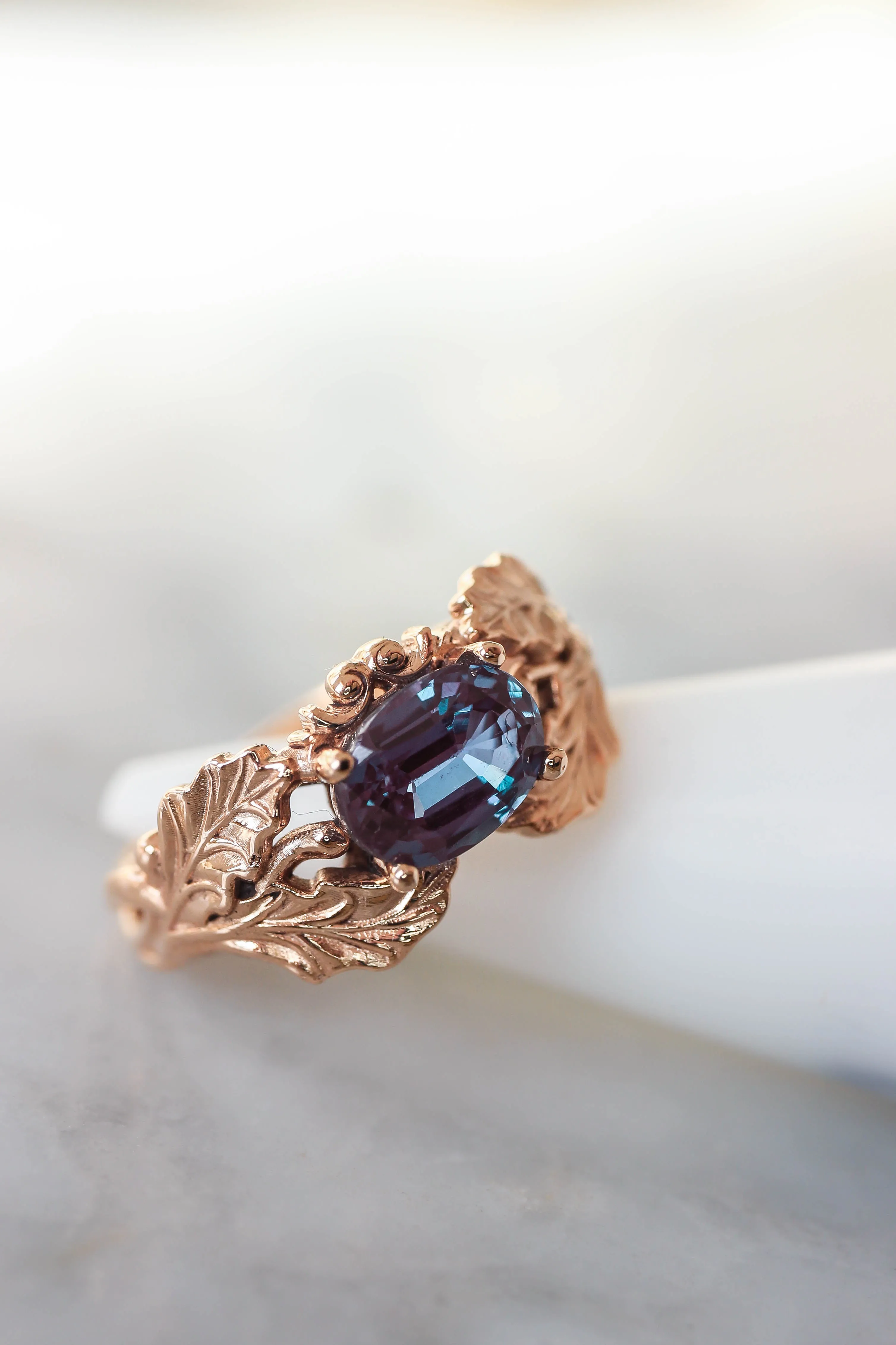 Oak leaves ring with oval alexandrite