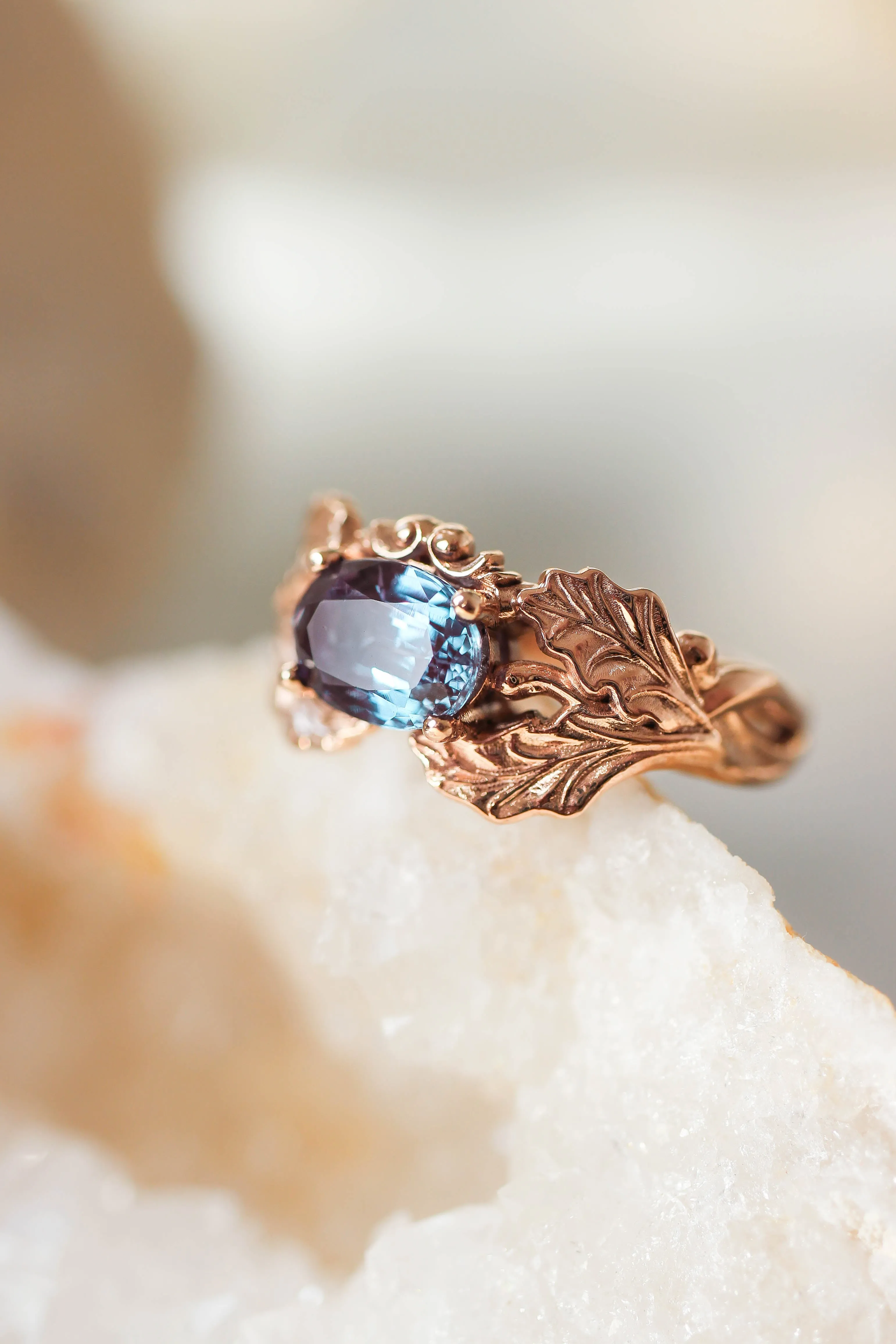 Oak leaves ring with oval alexandrite