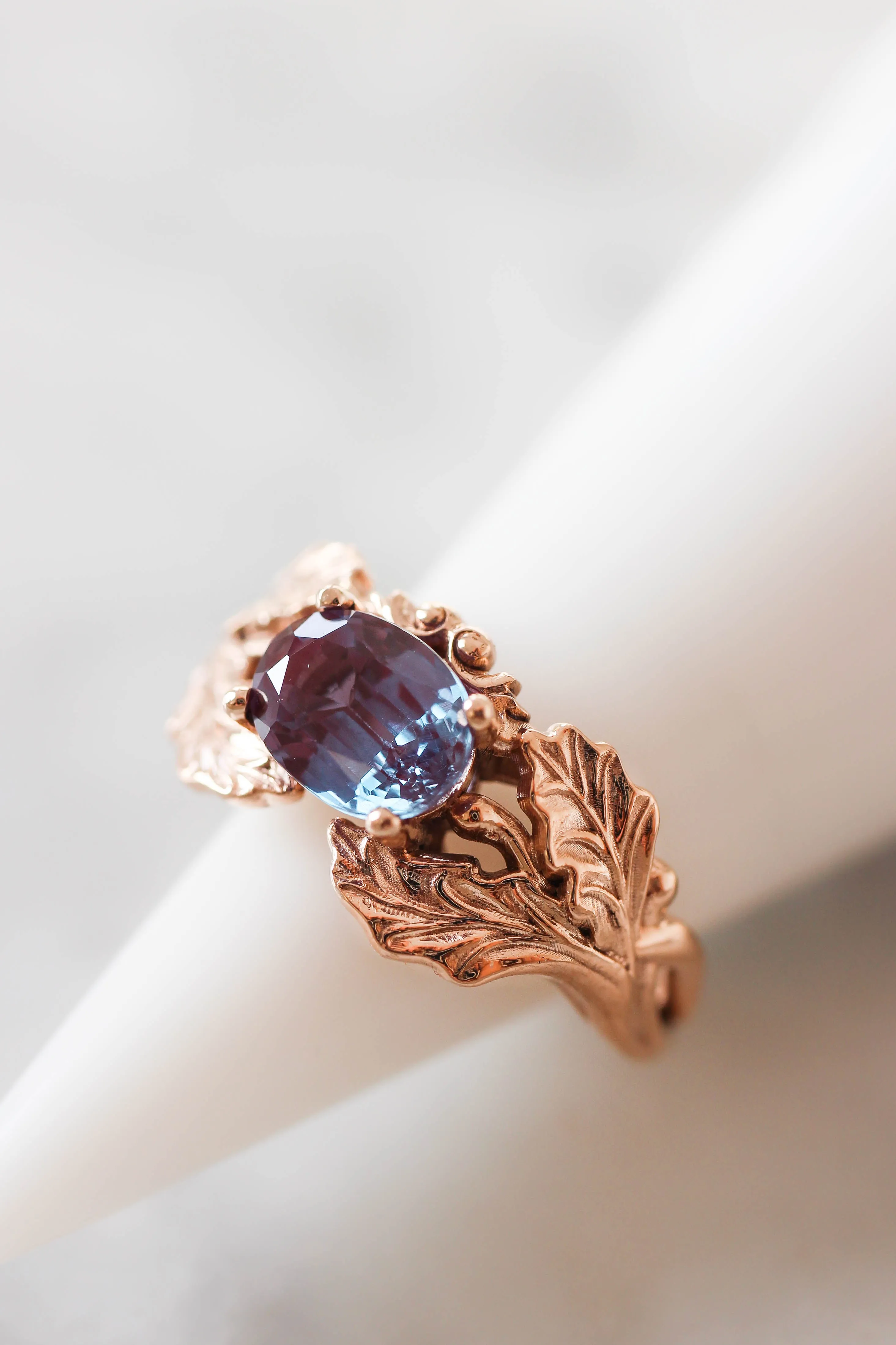 Oak leaves ring with oval alexandrite