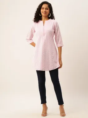 Odette Baby Pink Embroidered Georgette Stitched Short Kurta For Women