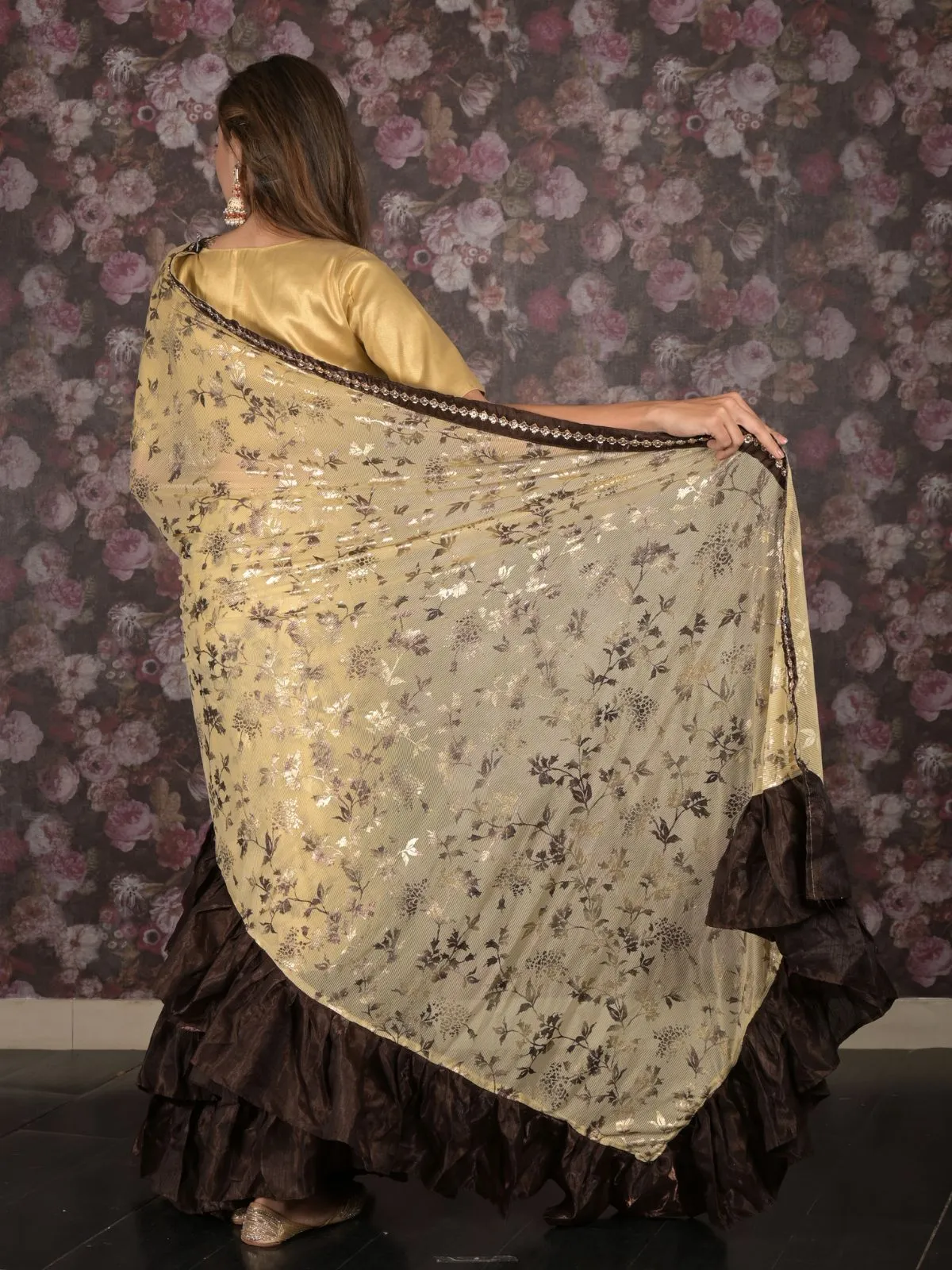 Odette Beige and Brown Foil Printed Ruffles Lycra Saree for Women