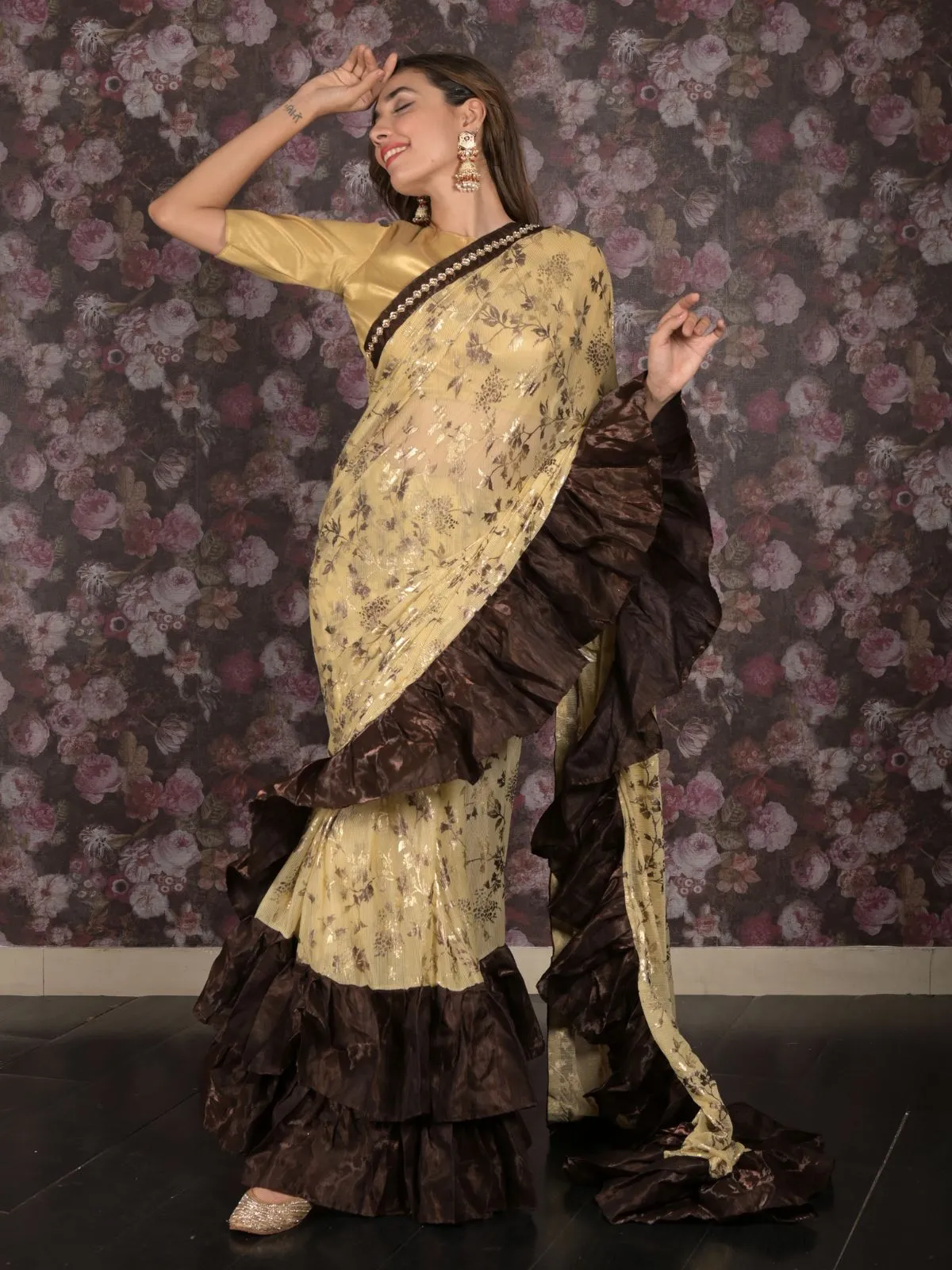 Odette Beige and Brown Foil Printed Ruffles Lycra Saree for Women