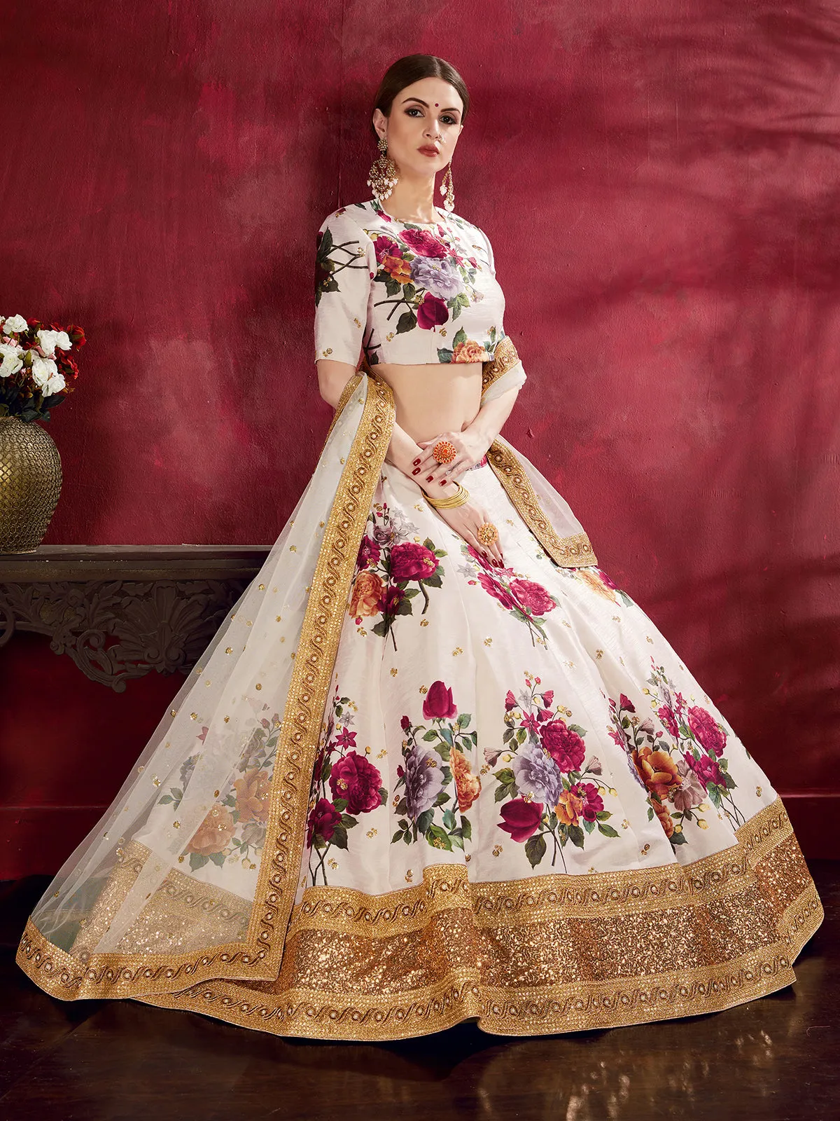 Odette Beige Art Silk Printed Semi Stitched Lehenga for Women