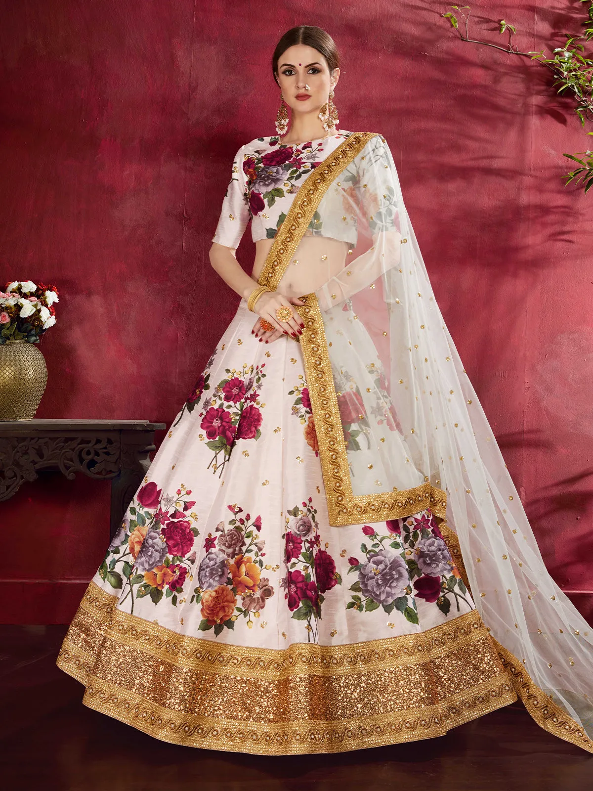 Odette Beige Art Silk Printed Semi Stitched Lehenga for Women