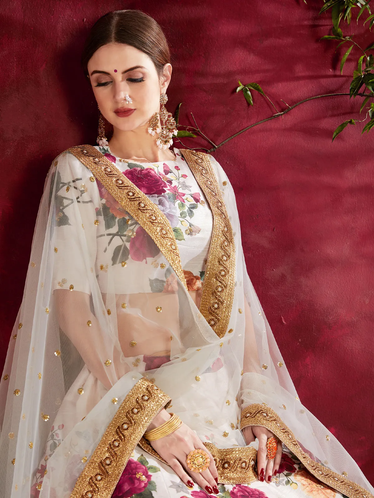 Odette Beige Art Silk Printed Semi Stitched Lehenga for Women