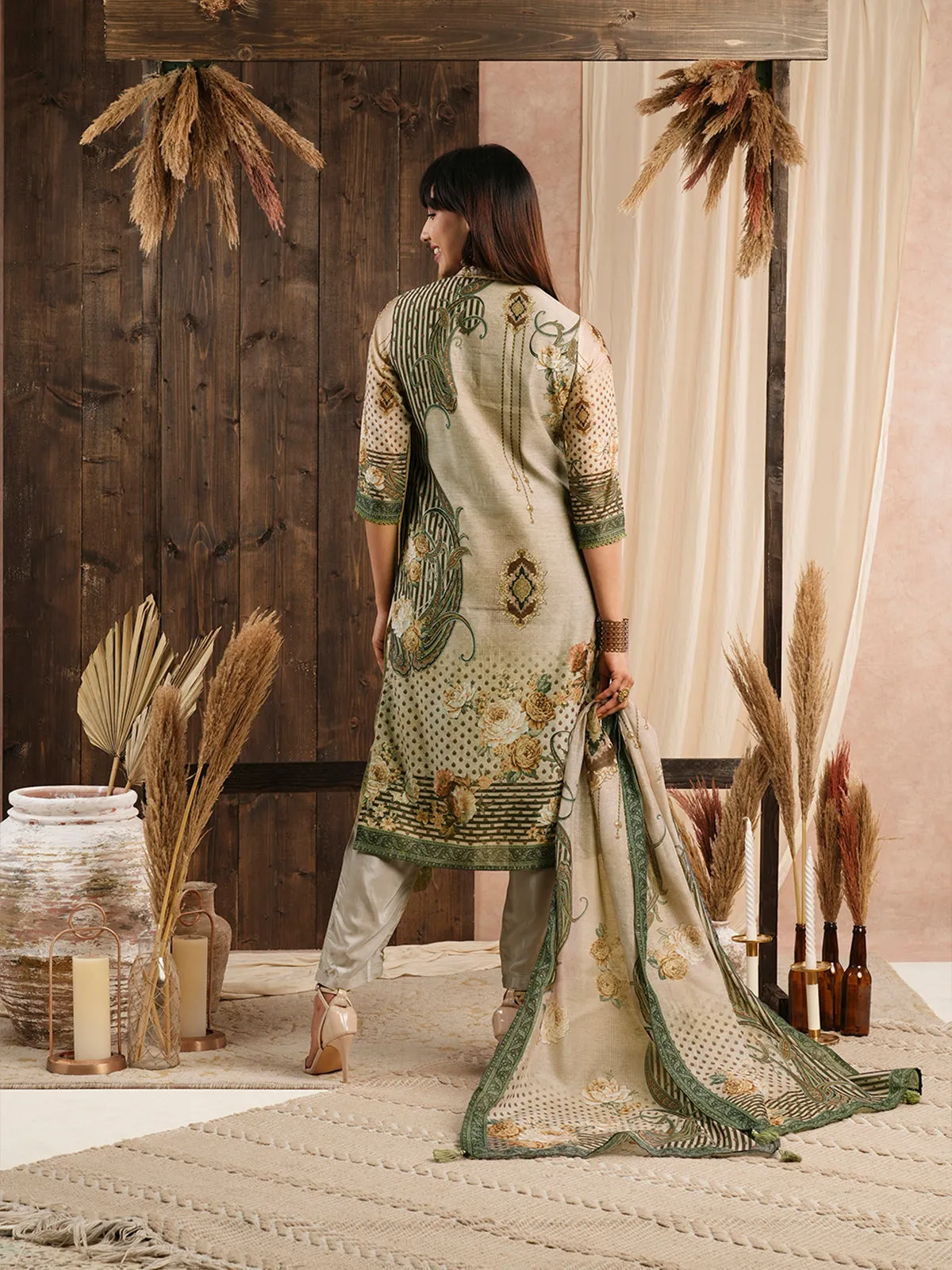 Odette Beige Chanderi Silk Printed Stitched Kurta Set for Women