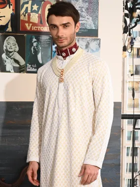 Odette Beige Embroidered Cotton Kurta Set For Men