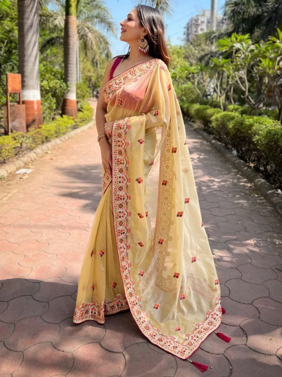 Odette Beige Embroidered Net Saree With Unstitched Blouse For Women