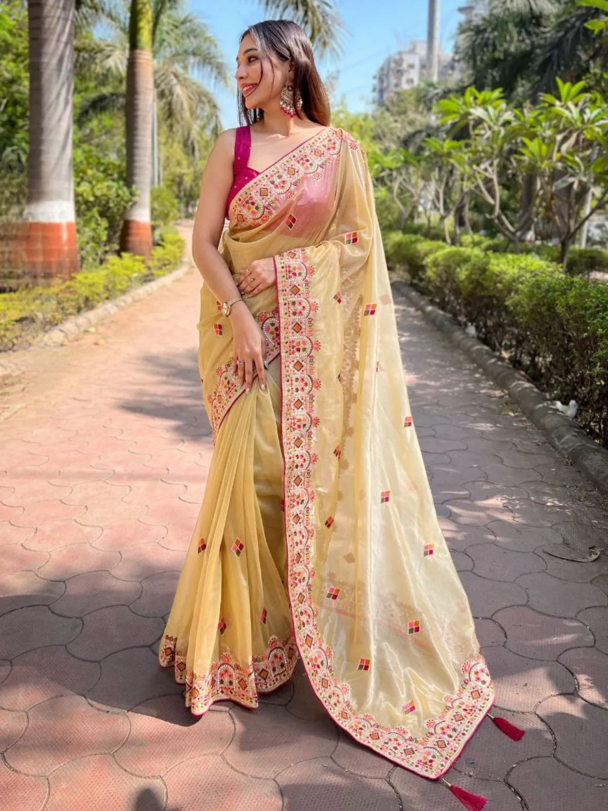 Odette Beige Embroidered Net Saree With Unstitched Blouse For Women