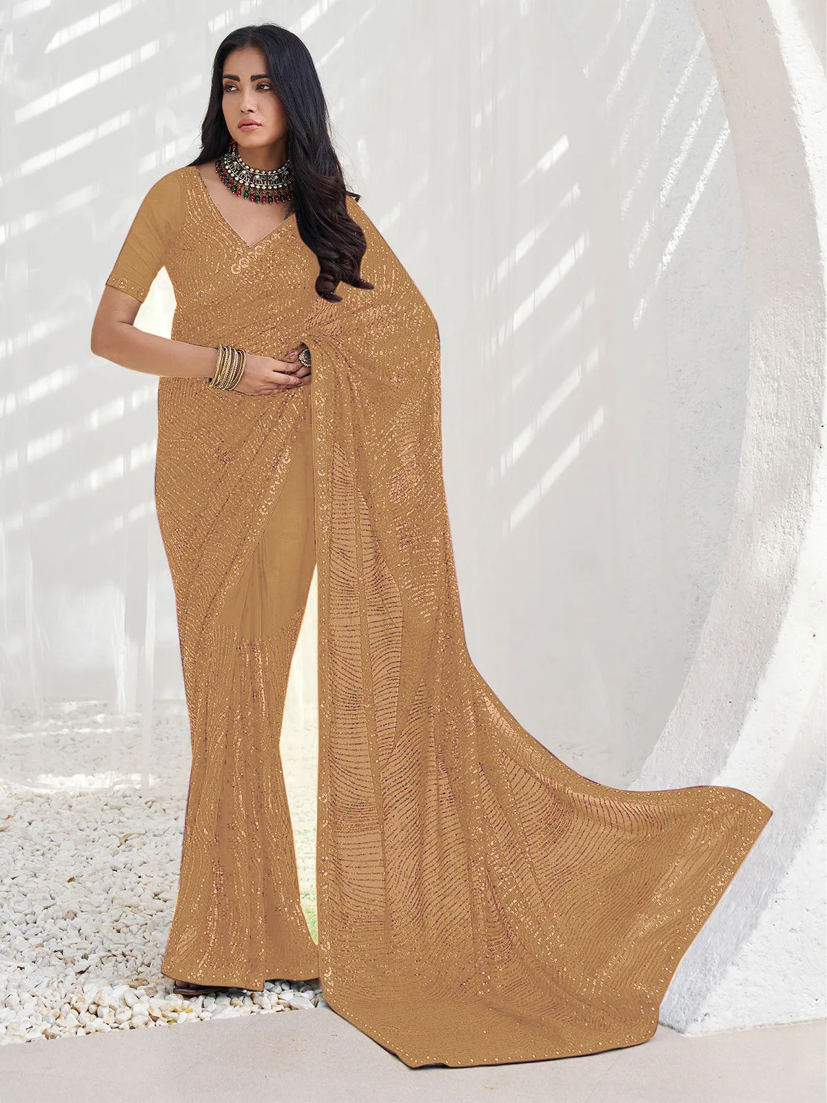 Odette Beige Georgette Embellished Saree With Unstitched Blouse For Women