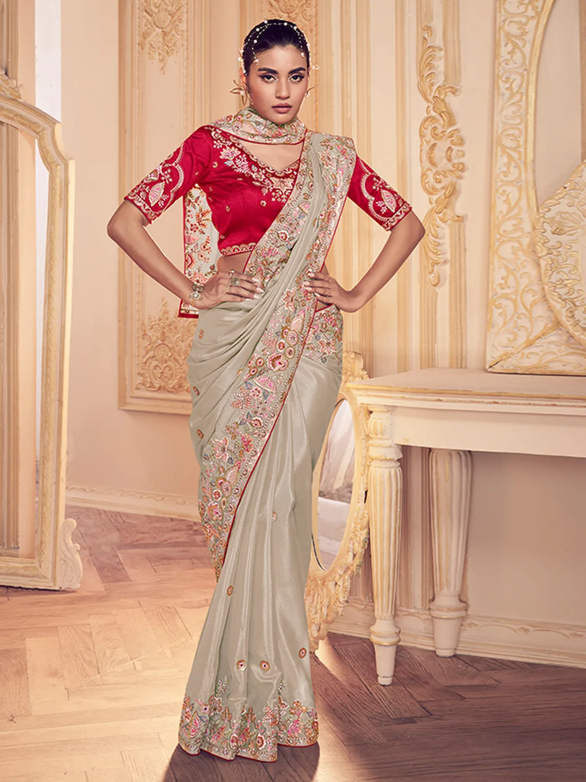 Odette Beige Georgette Embroidered Saree With Unstitched Blouse For Women