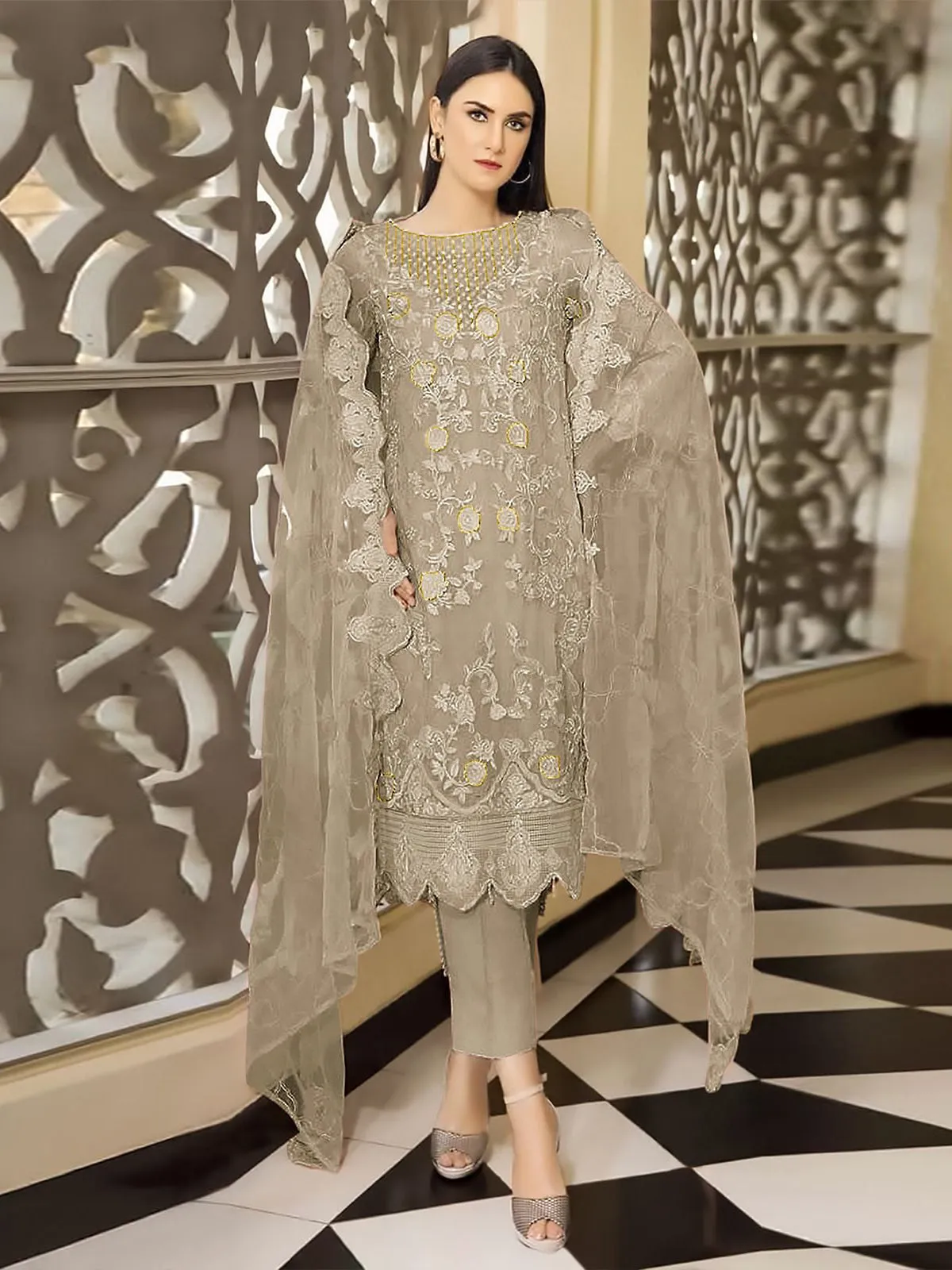 Odette Beige Georgette Embroidered Semi stitched Kurta Set For Women