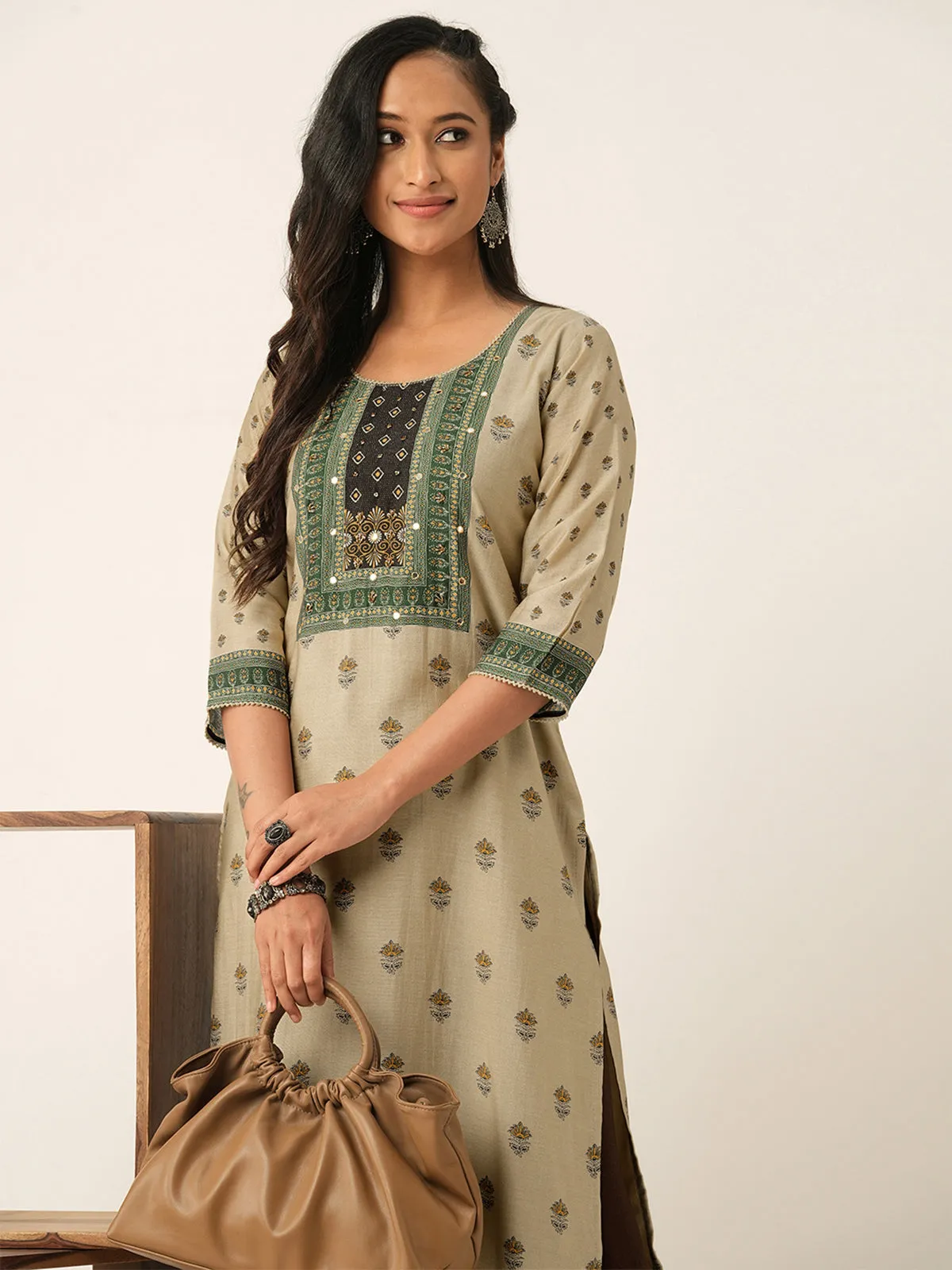 Odette Beige Muslin Printed Stitched Kurta for Women