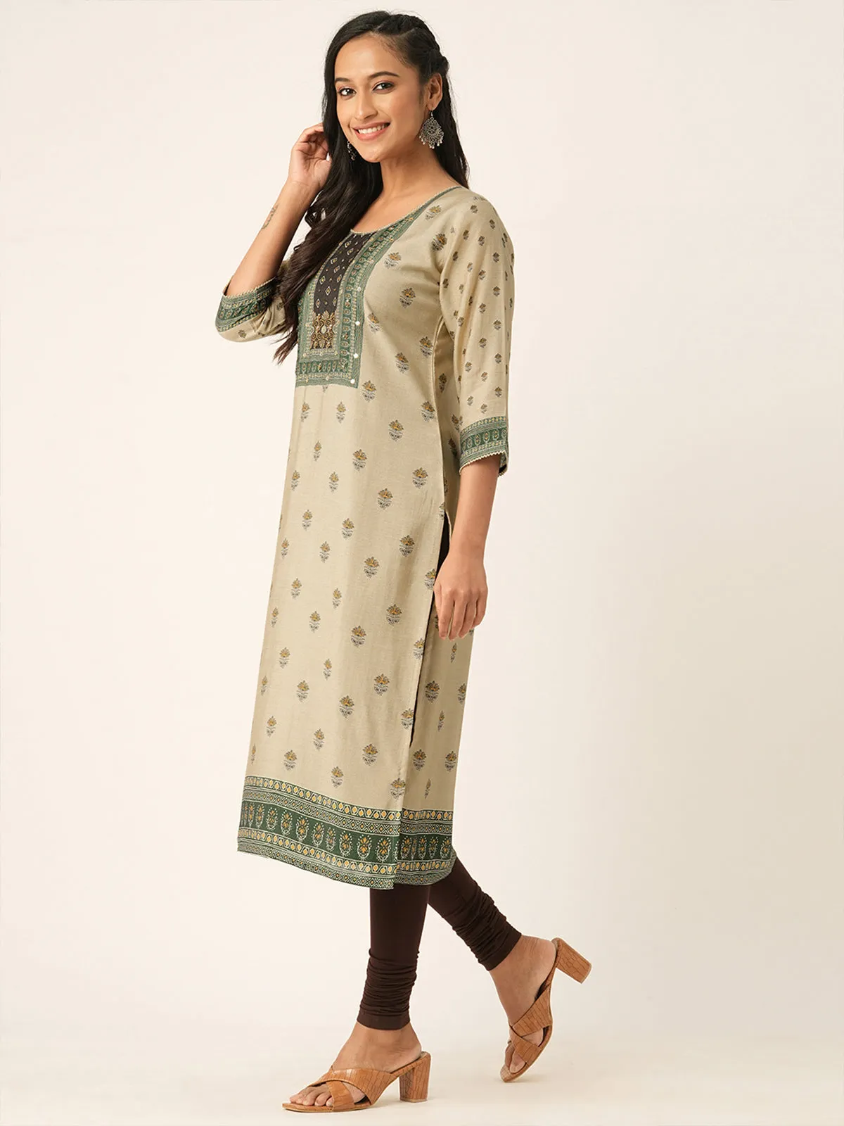 Odette Beige Muslin Printed Stitched Kurta for Women