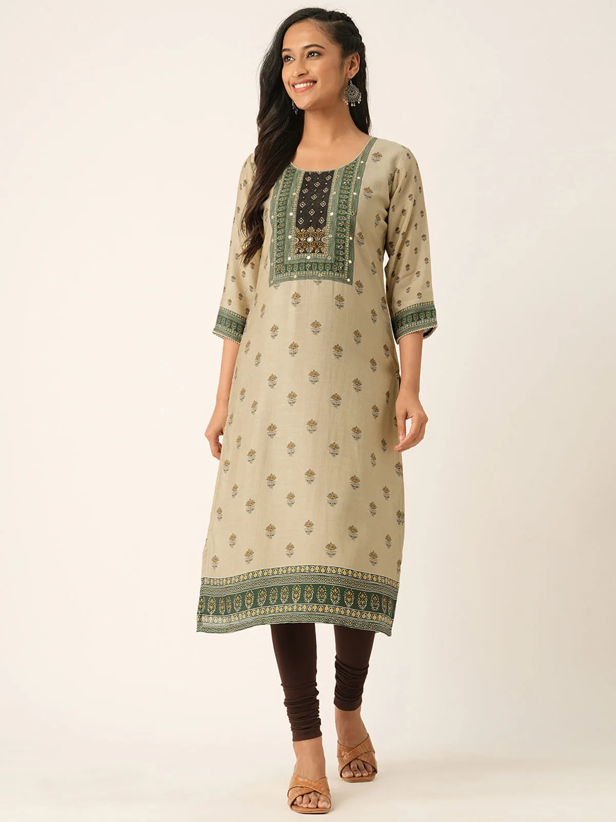 Odette Beige Muslin Printed Stitched Kurta for Women