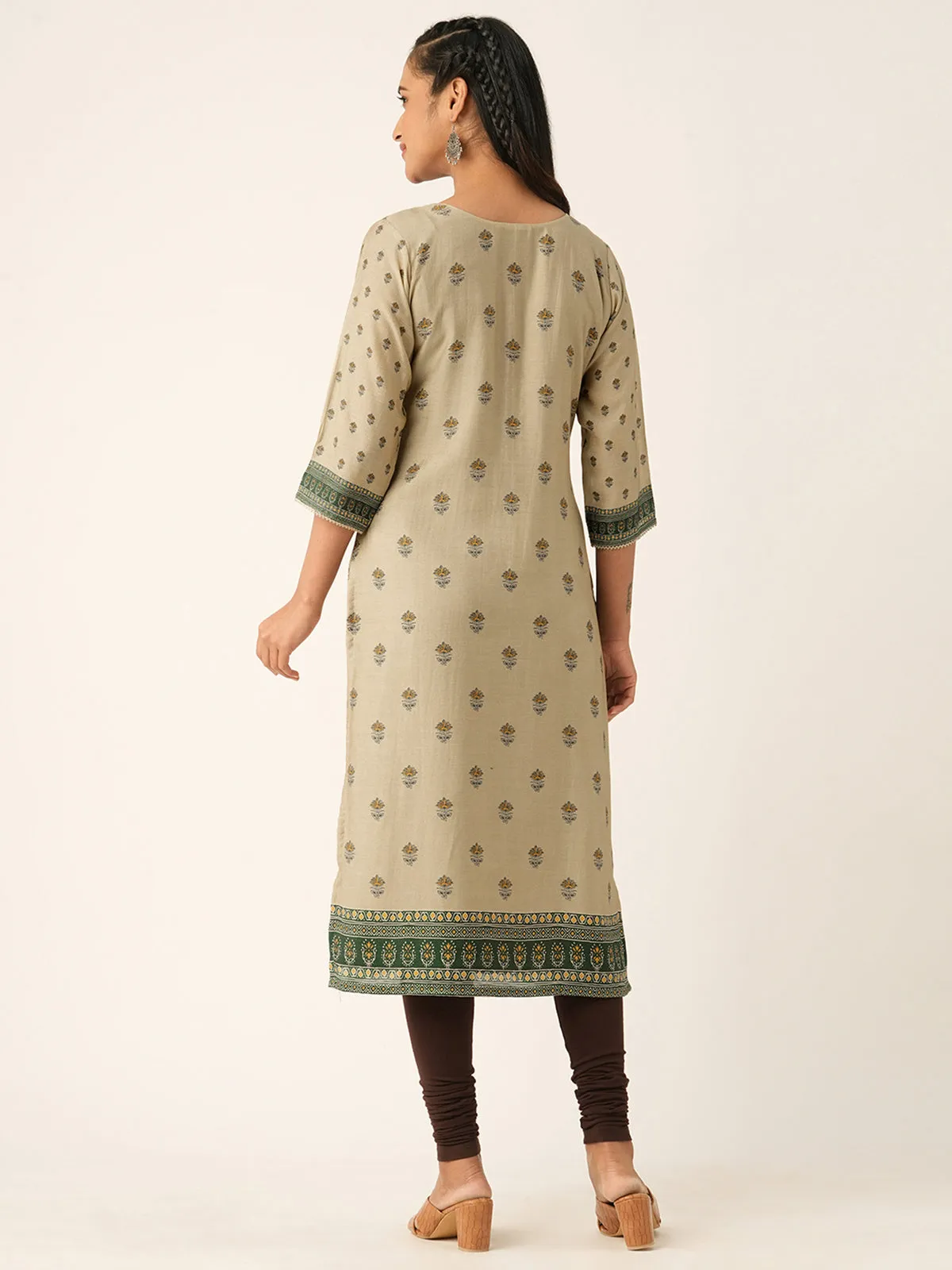 Odette Beige Muslin Printed Stitched Kurta for Women