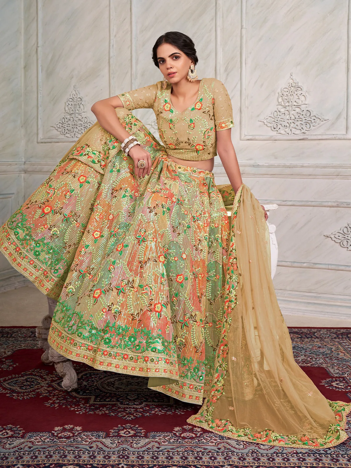 Odette Beige Net Embroidered Semi Stitched Lehenga With Unstitched Blouse for Women