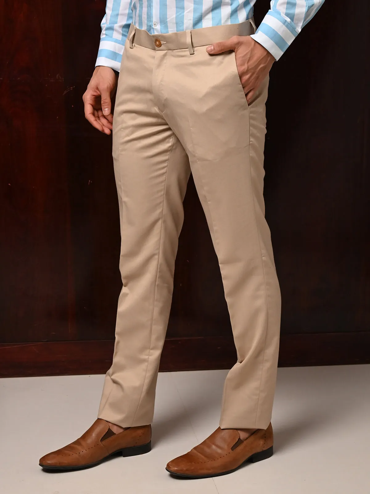 Odette Beige Poly Viscose Regular Fit Trouser for Men